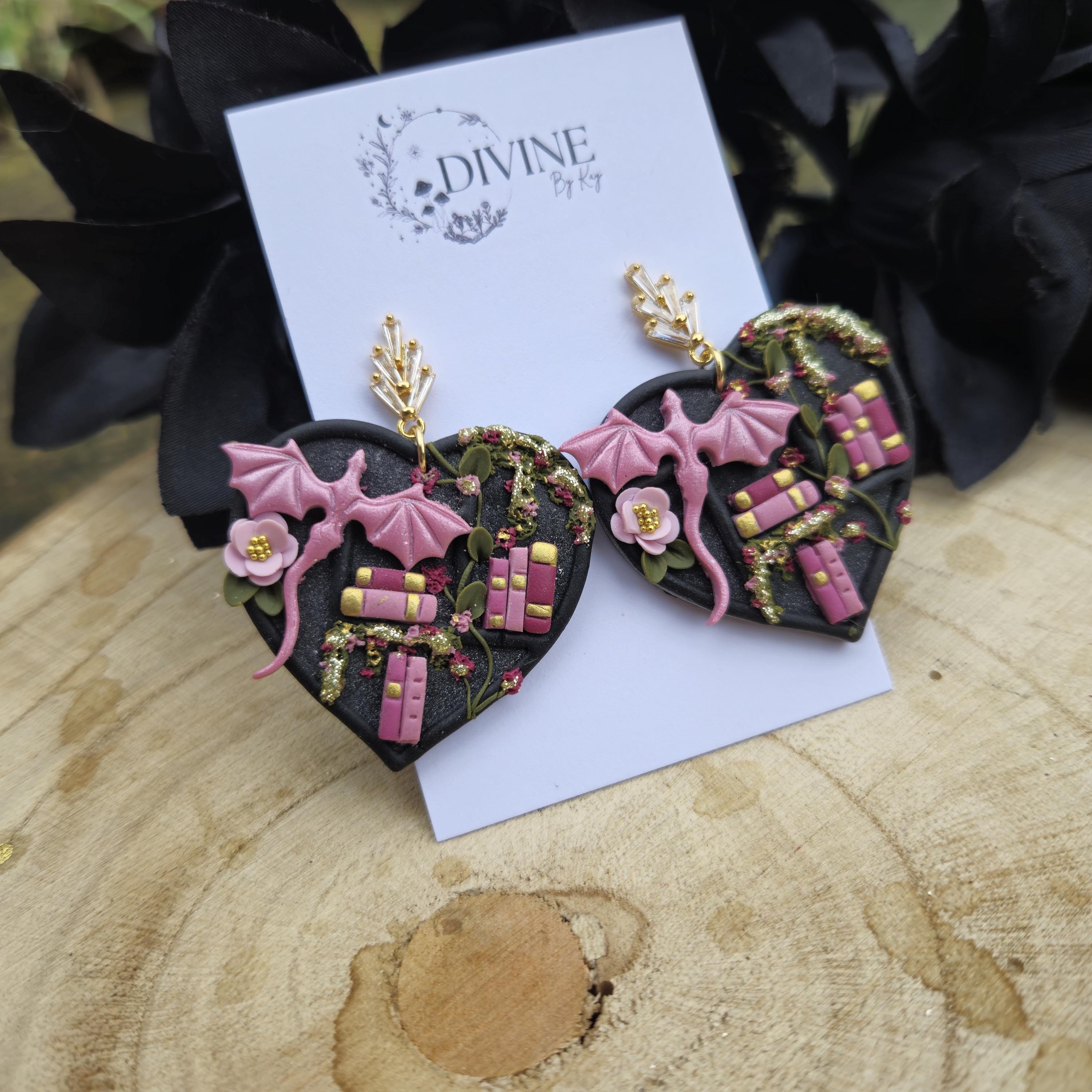 Dragon Heart Book Earrings: Teal Pink Purple Bookshelf Earrings