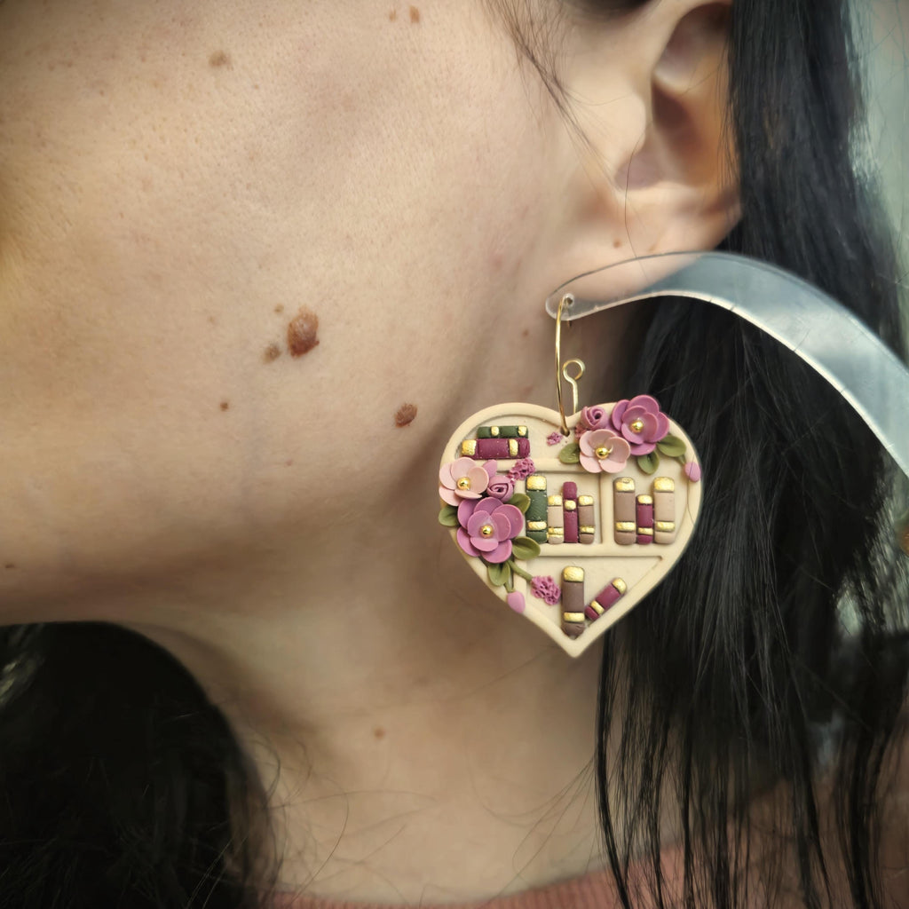 Clay Book Earrings: Floral Bookshelf Dangle Earrings