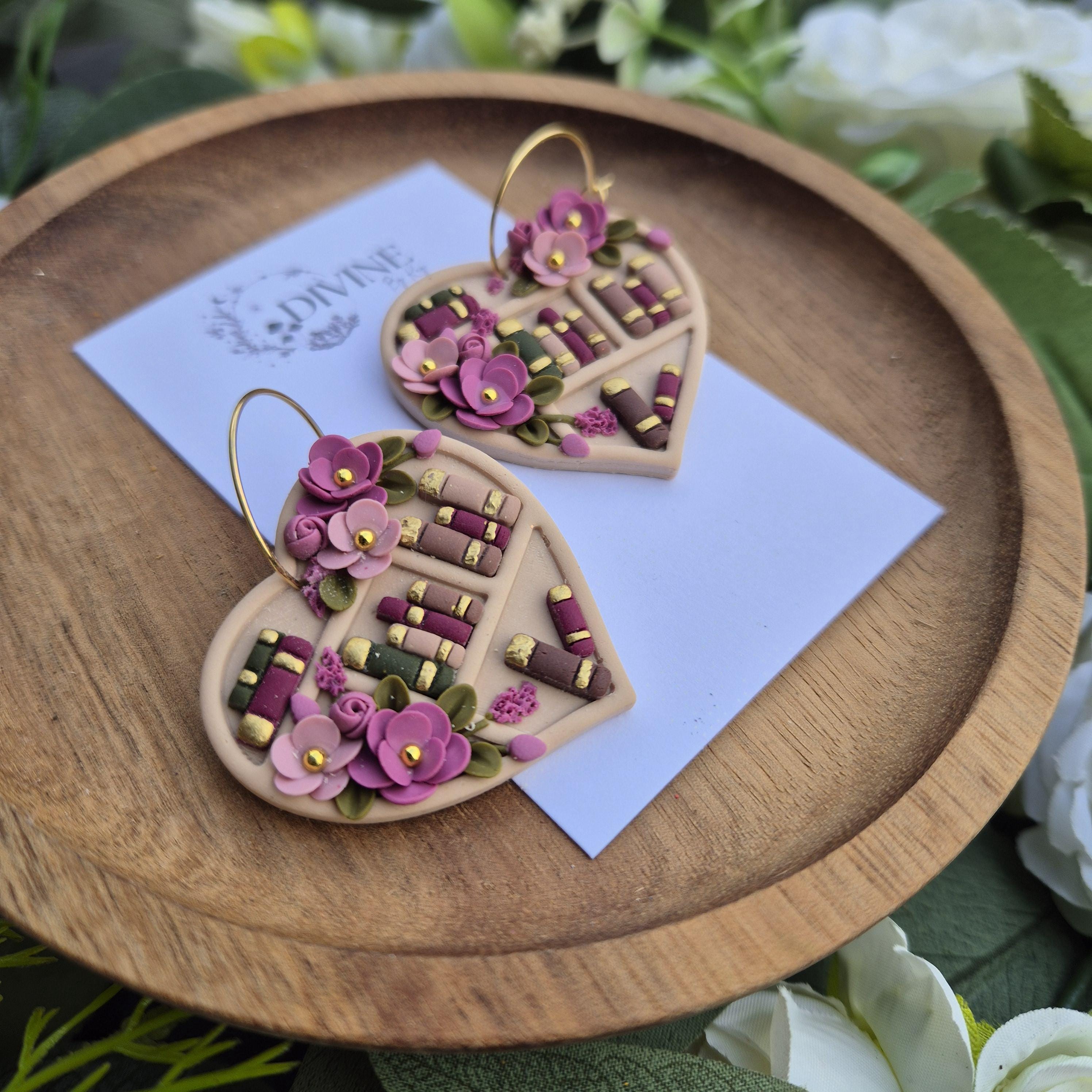Clay Book Earrings: Floral Bookshelf Dangle Earrings