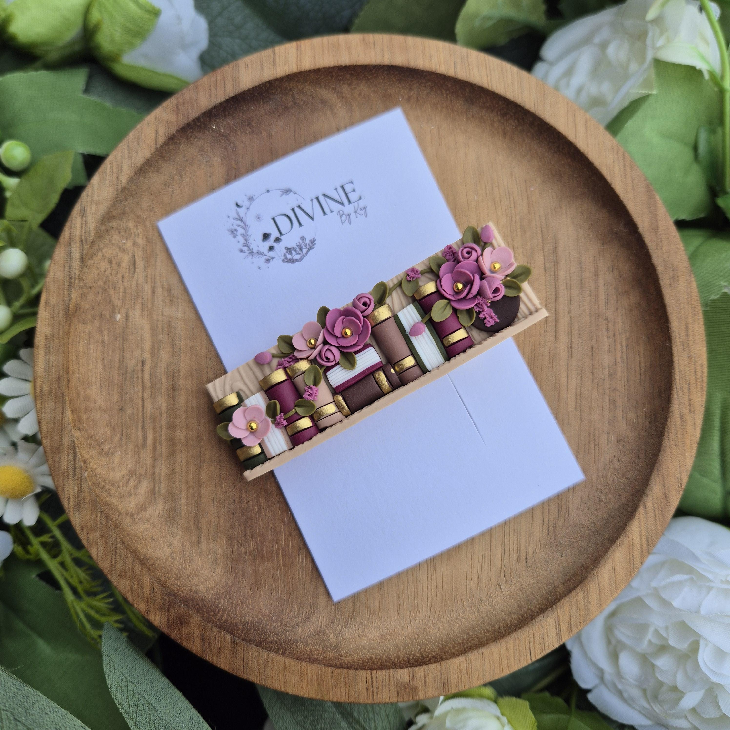 Handmade Clay Bookshelf Hair Clip: Floral Bookworm Accessory