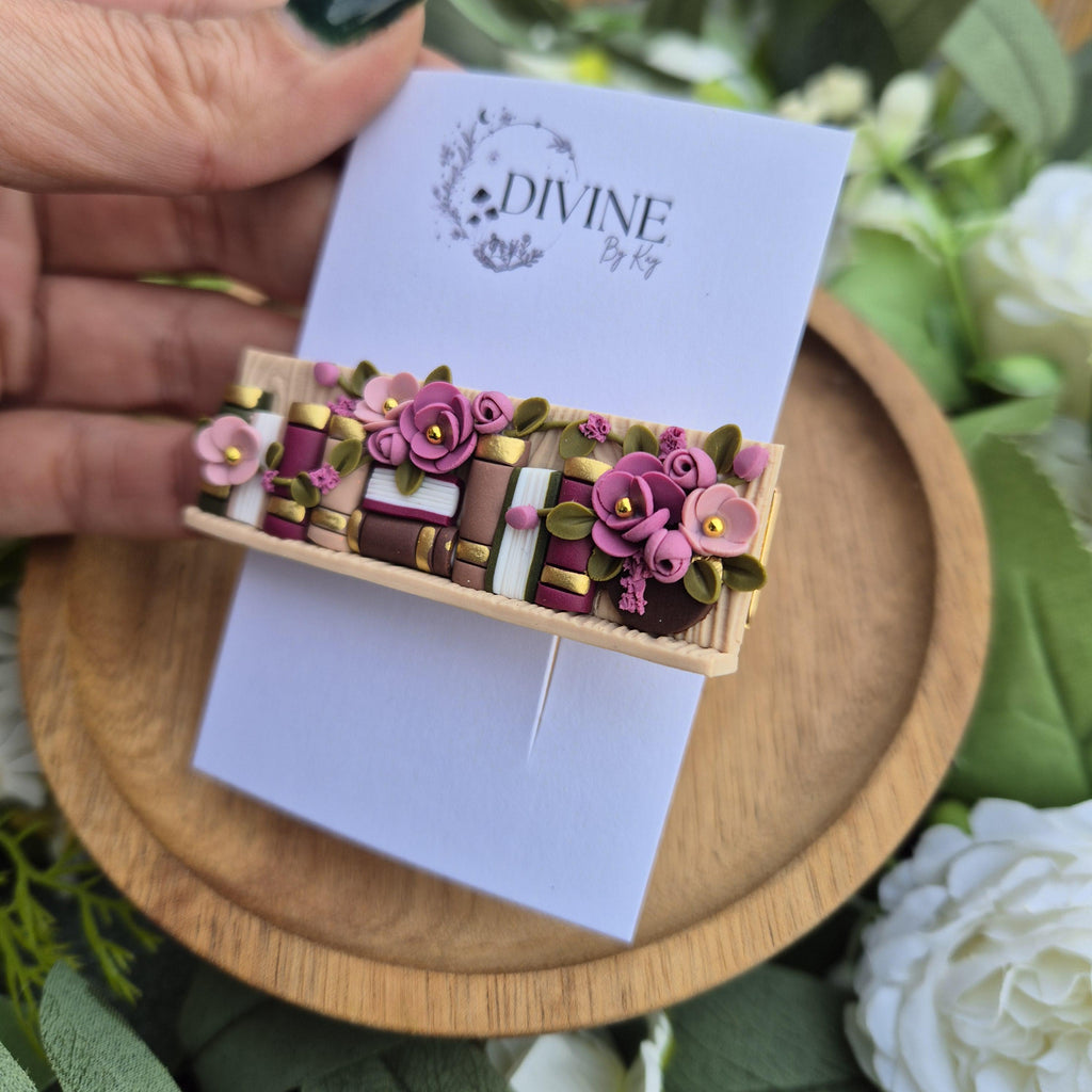 Handmade Clay Bookshelf Hair Clip: Floral Bookworm Accessory