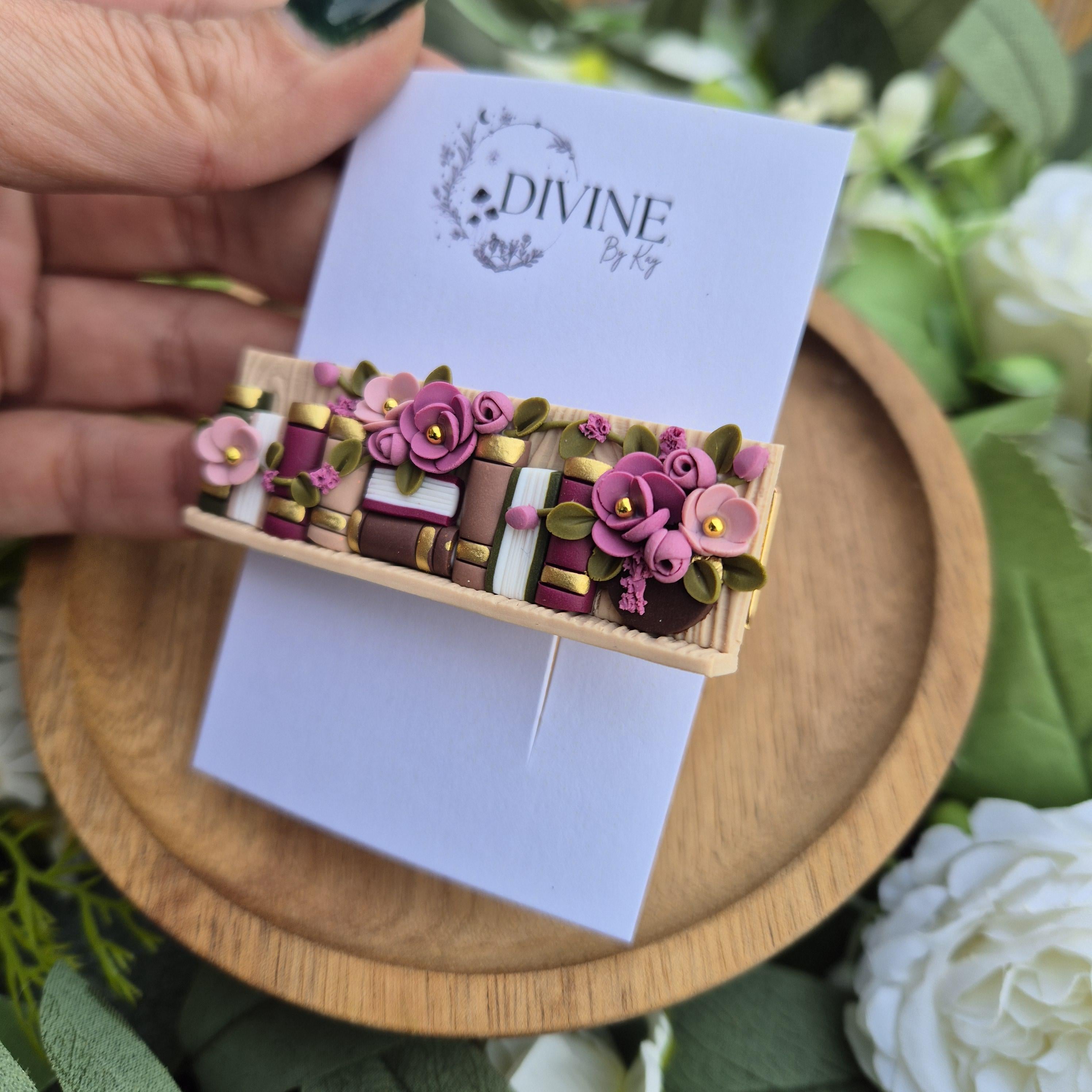 Handmade Clay Bookshelf Hair Clip: Floral Bookworm Accessory
