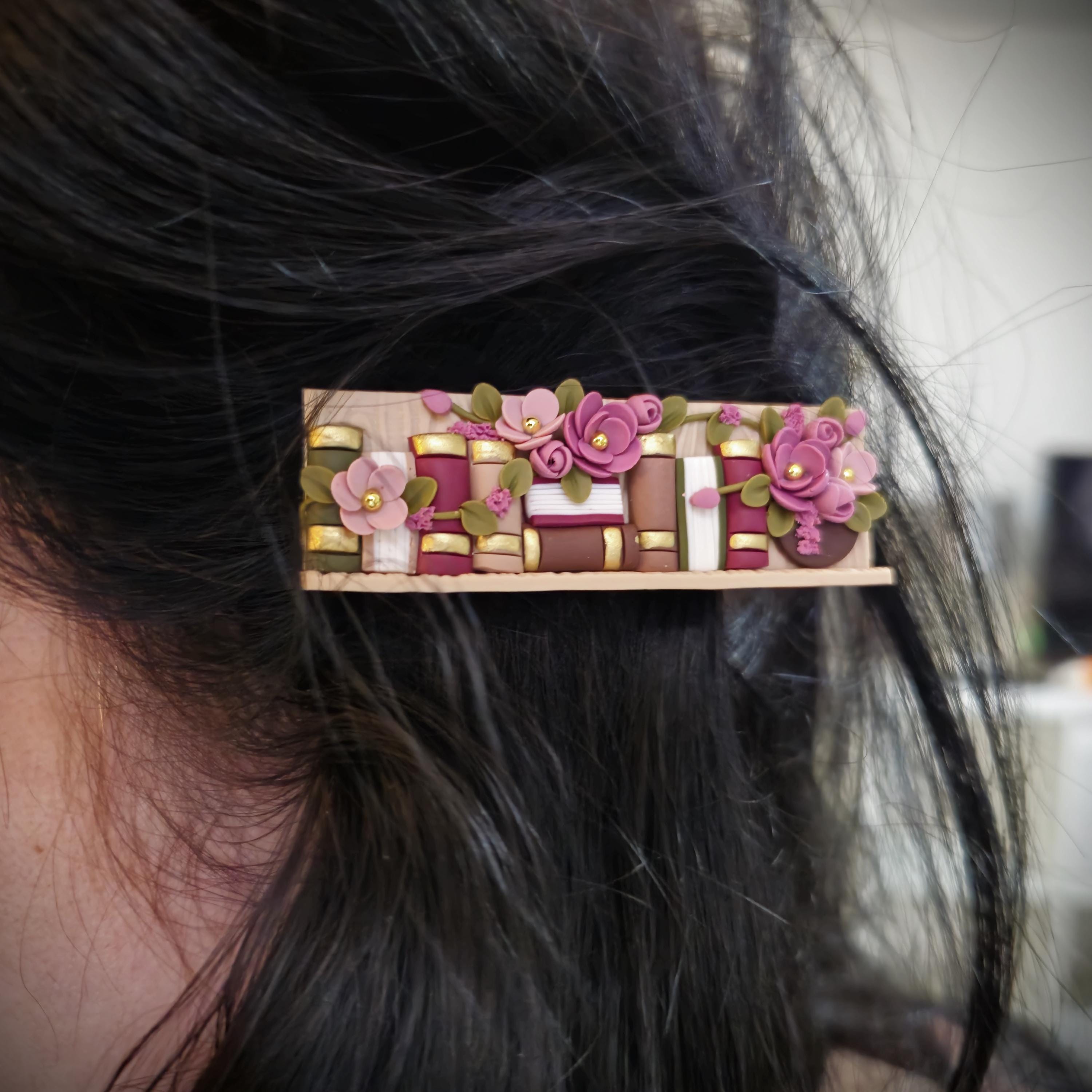 Handmade Clay Bookshelf Hair Clip: Floral Bookworm Accessory
