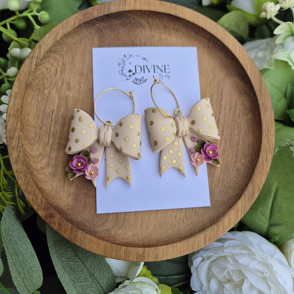 Clay Bow Dangle Earrings: Gold Polka Dot Flower Earrings