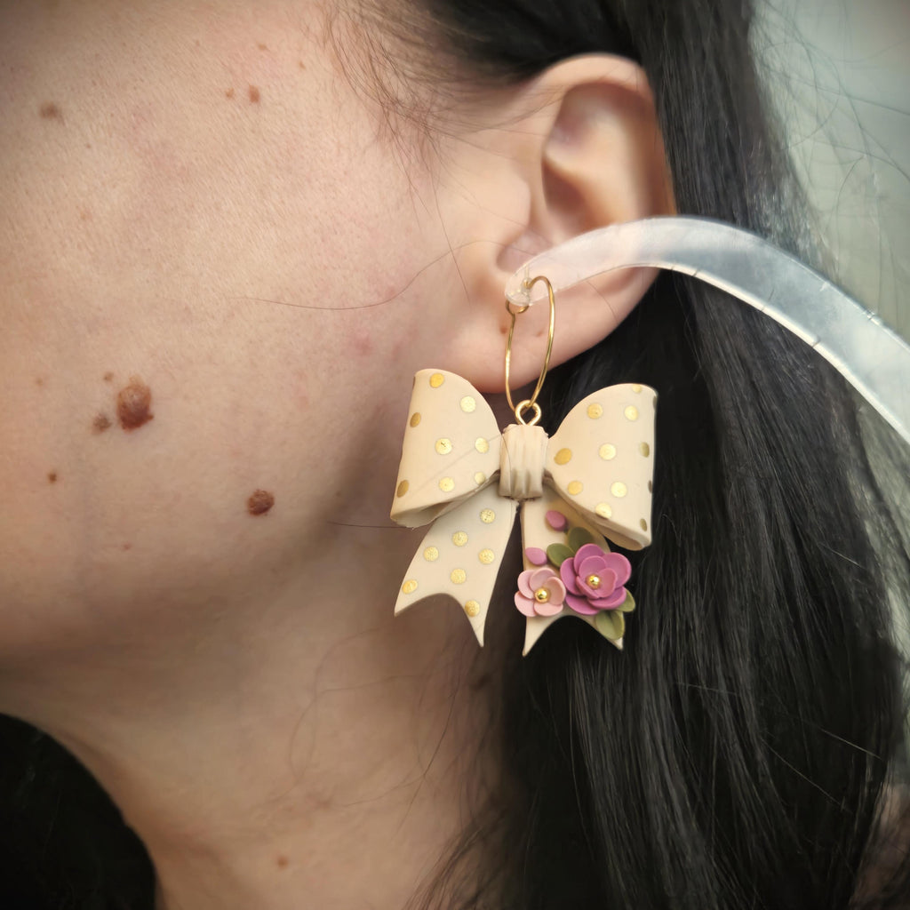 Clay Bow Dangle Earrings: Gold Polka Dot Flower Earrings