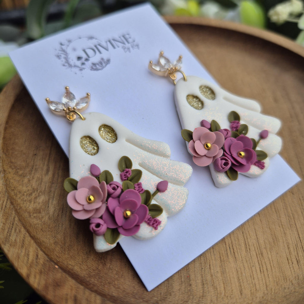 Handmade Shimmery Ghost Earrings: Floral Clay Halloween Jewelry