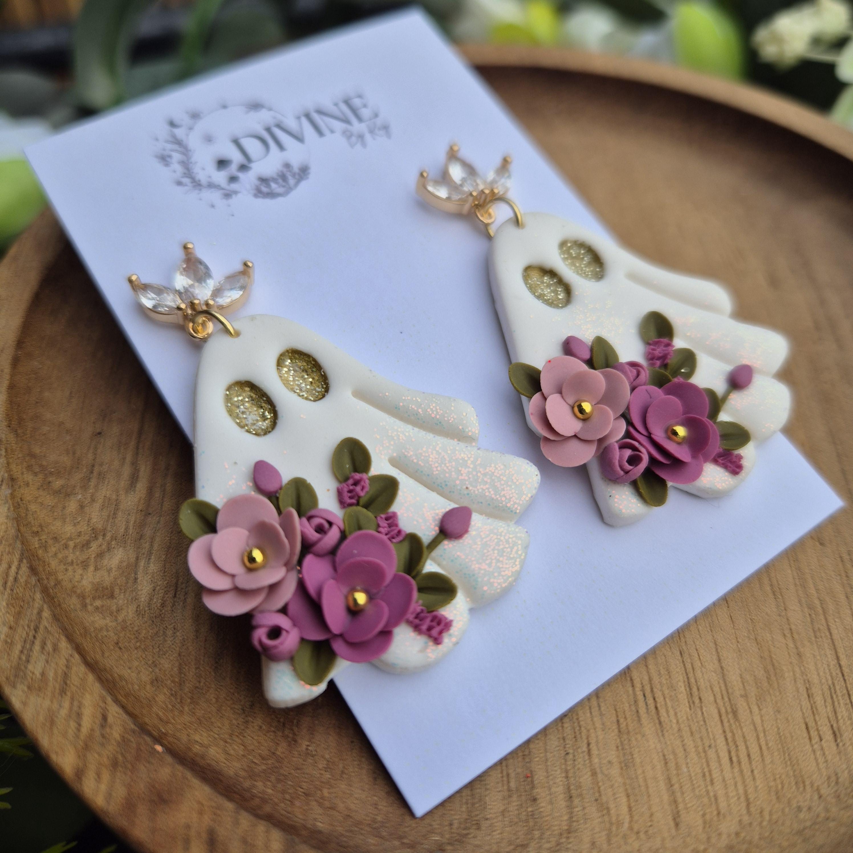 Handmade Shimmery Ghost Earrings: Floral Clay Halloween Jewelry