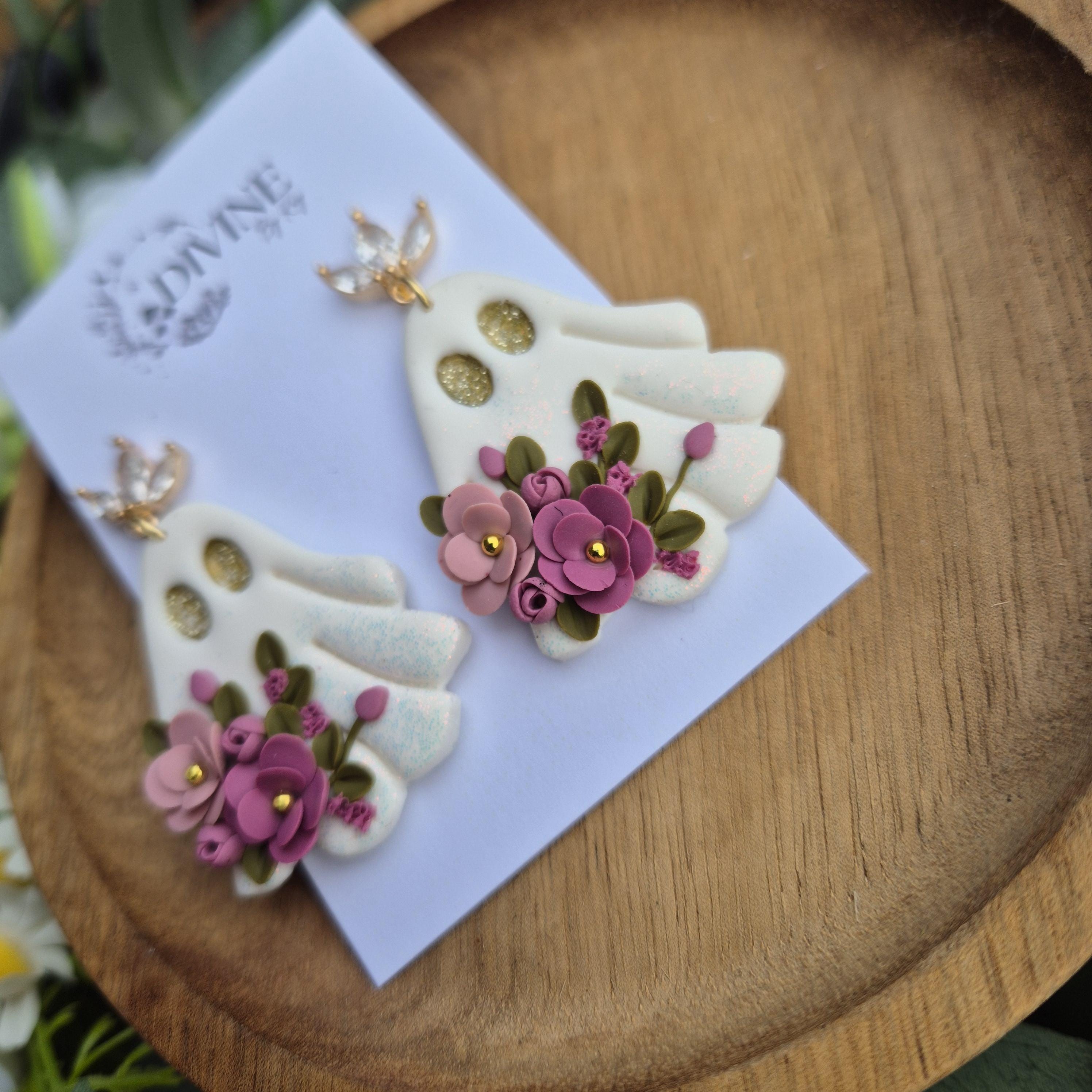 Handmade Shimmery Ghost Earrings: Floral Clay Halloween Jewelry