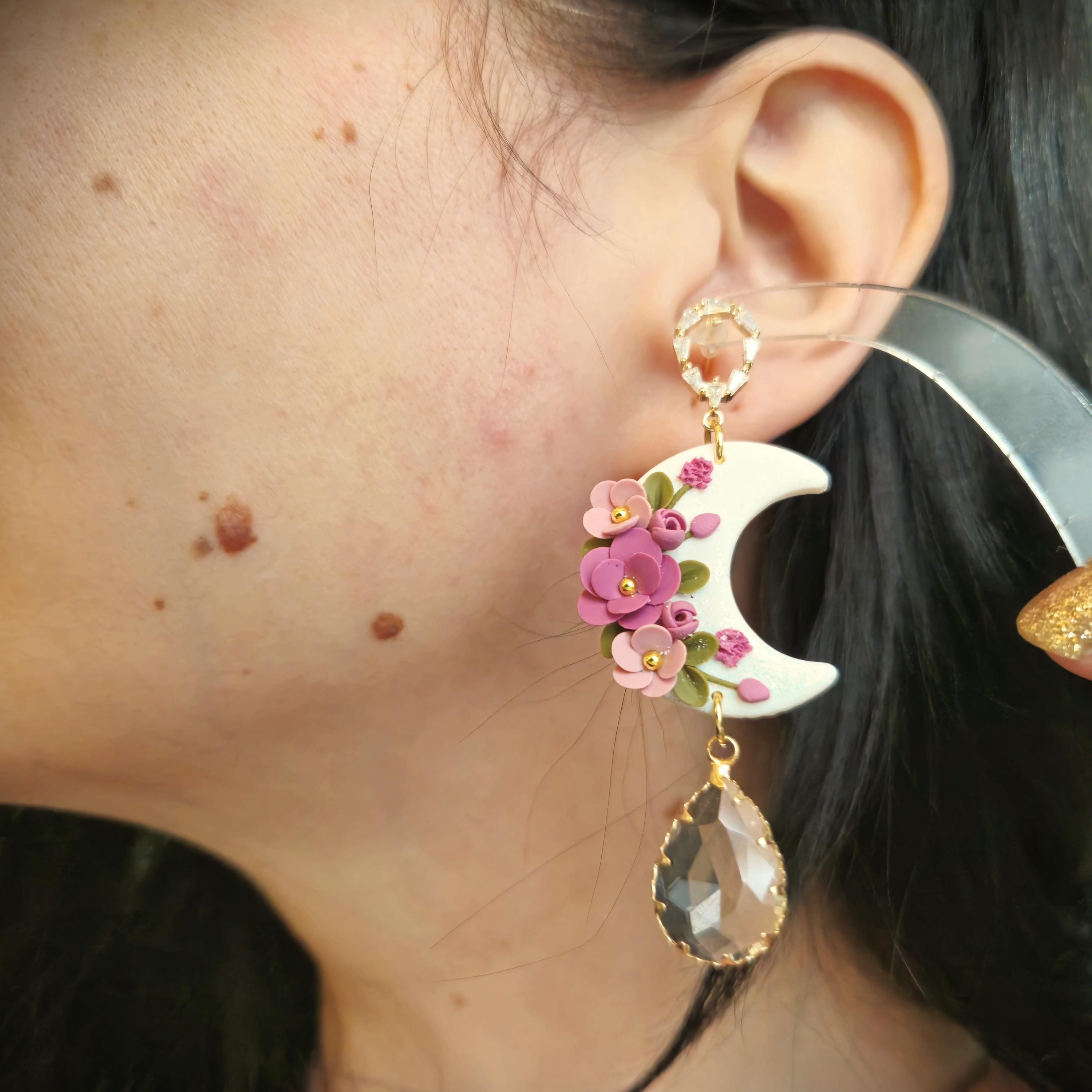 floral moon earrings, celestial jewellery, gifts for her