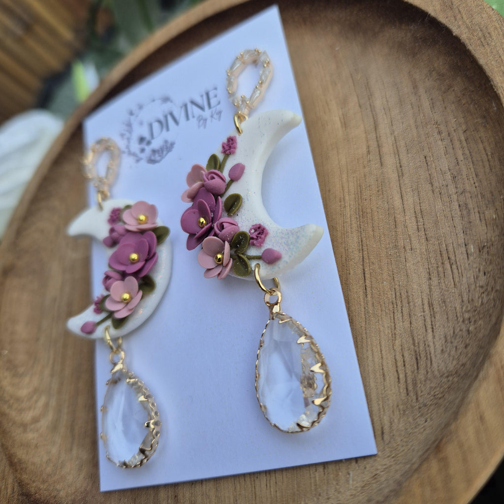 floral moon earrings, celestial jewellery, gifts for her