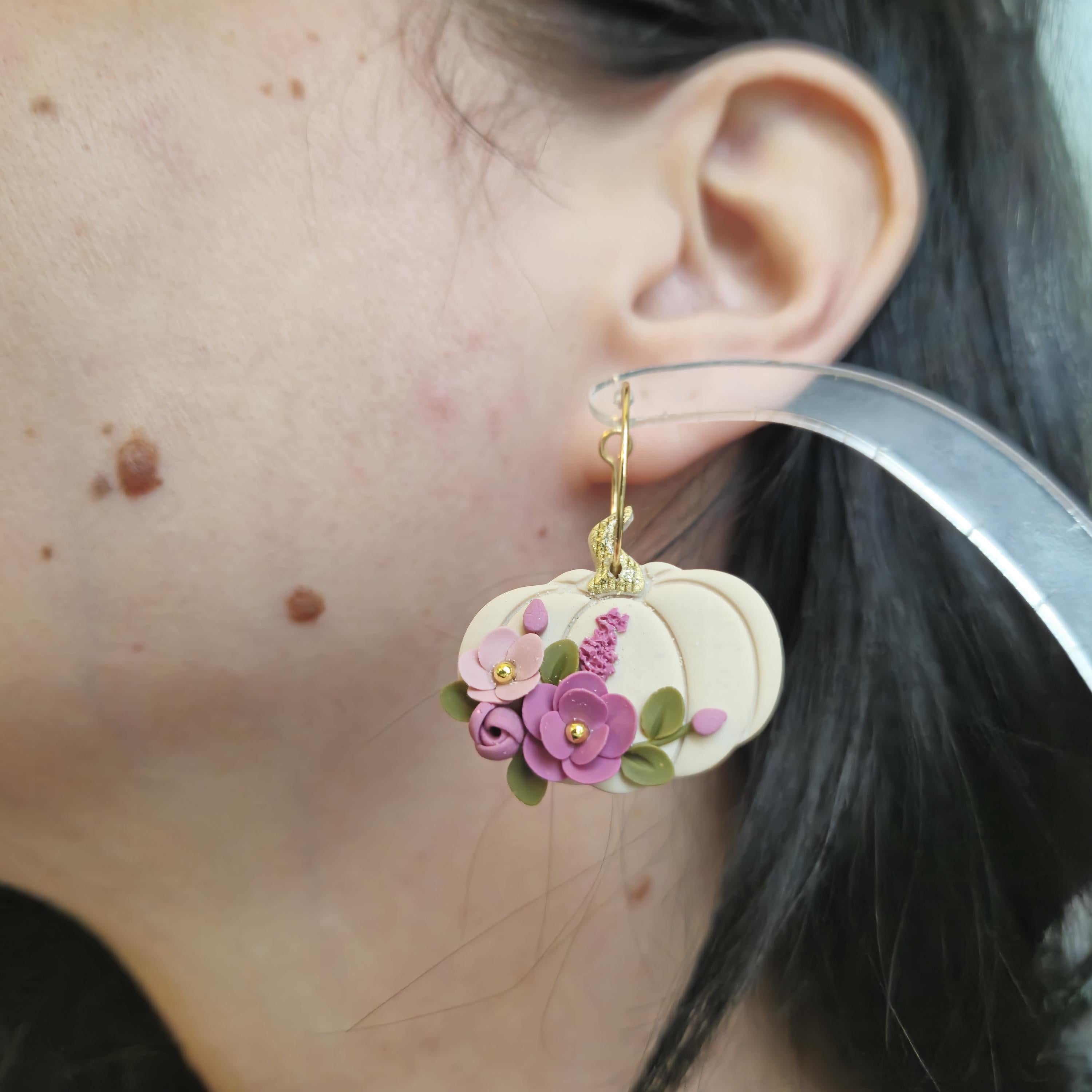 Floral Pumpkin Clay Dangle Earrings: Fall Boho Style