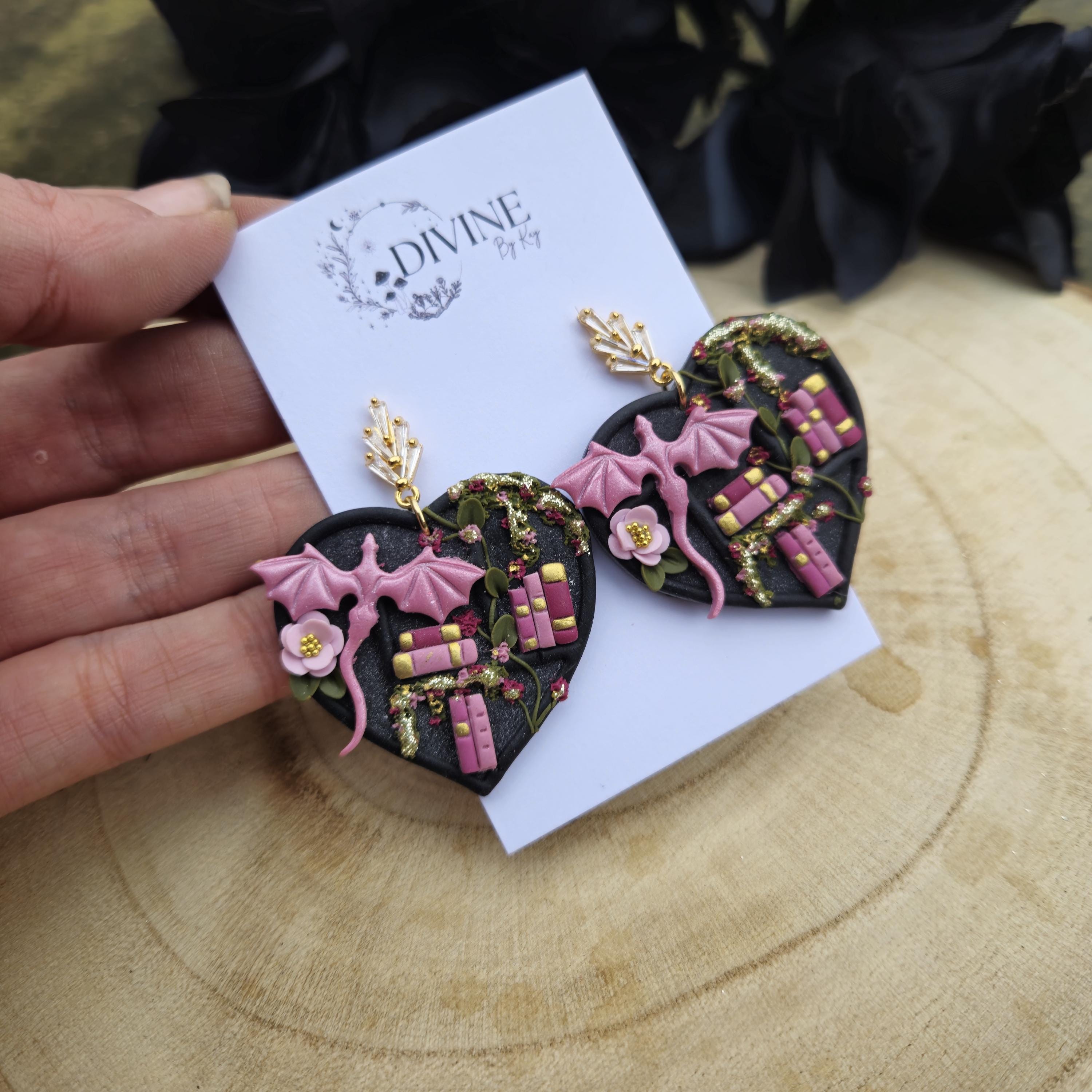 Dragon Heart Book Earrings: Teal Pink Purple Bookshelf Earrings