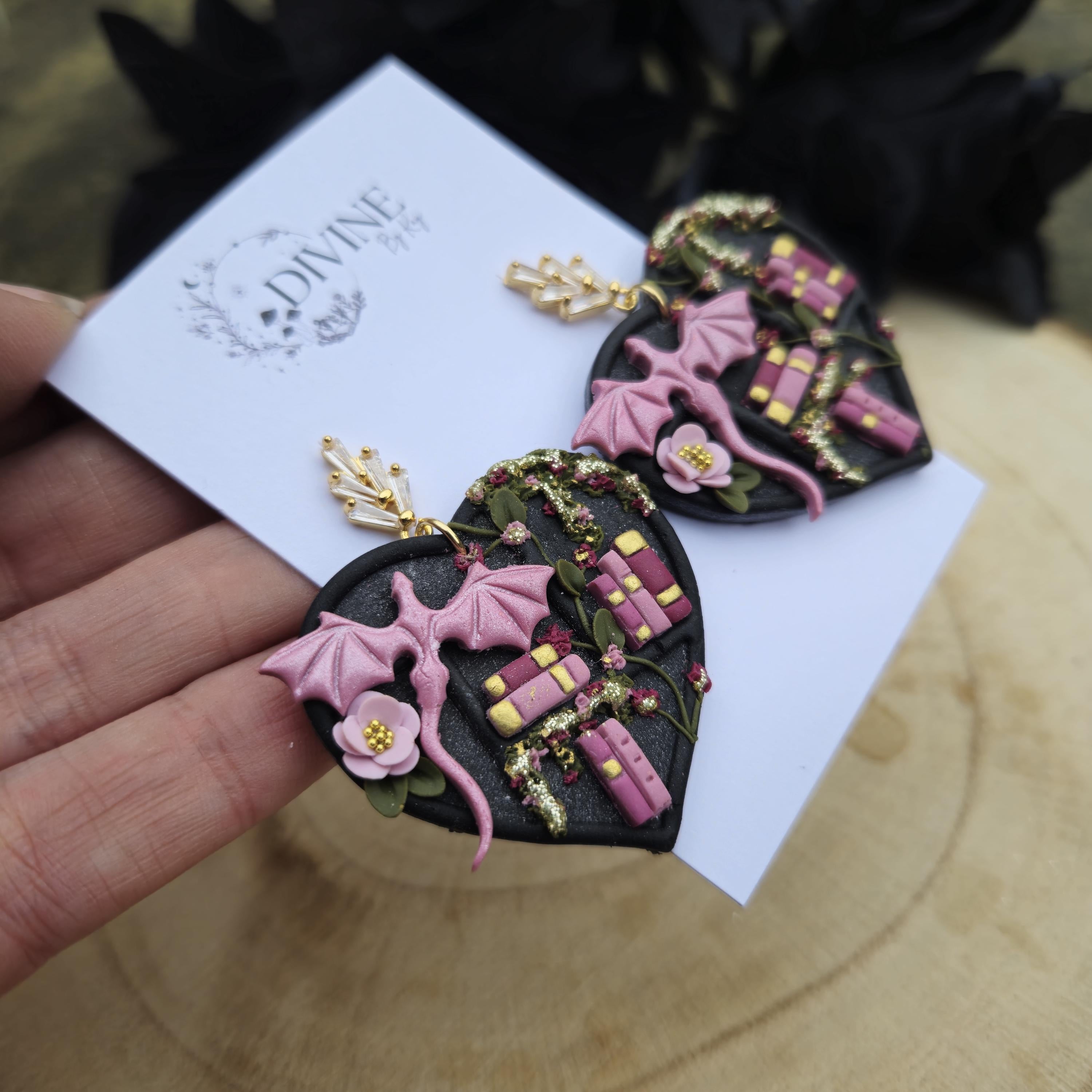 Dragon Heart Book Earrings: Teal Pink Purple Bookshelf Earrings