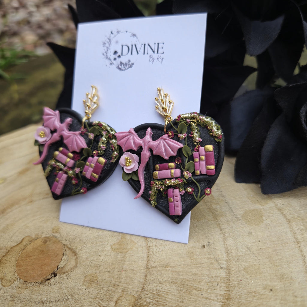 Dragon Heart Book Earrings: Teal Pink Purple Bookshelf Earrings