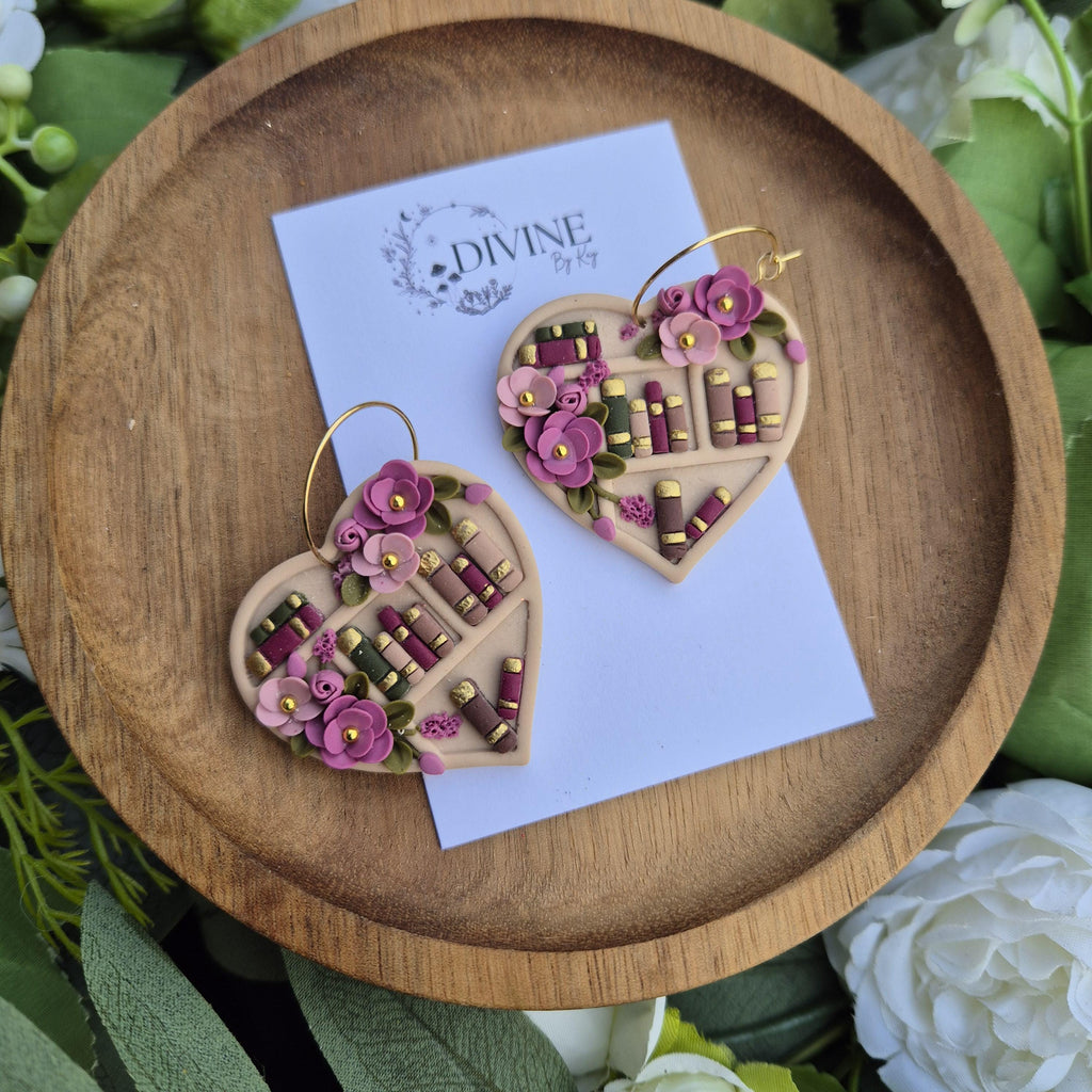Clay Book Earrings: Floral Bookshelf Dangle Earrings