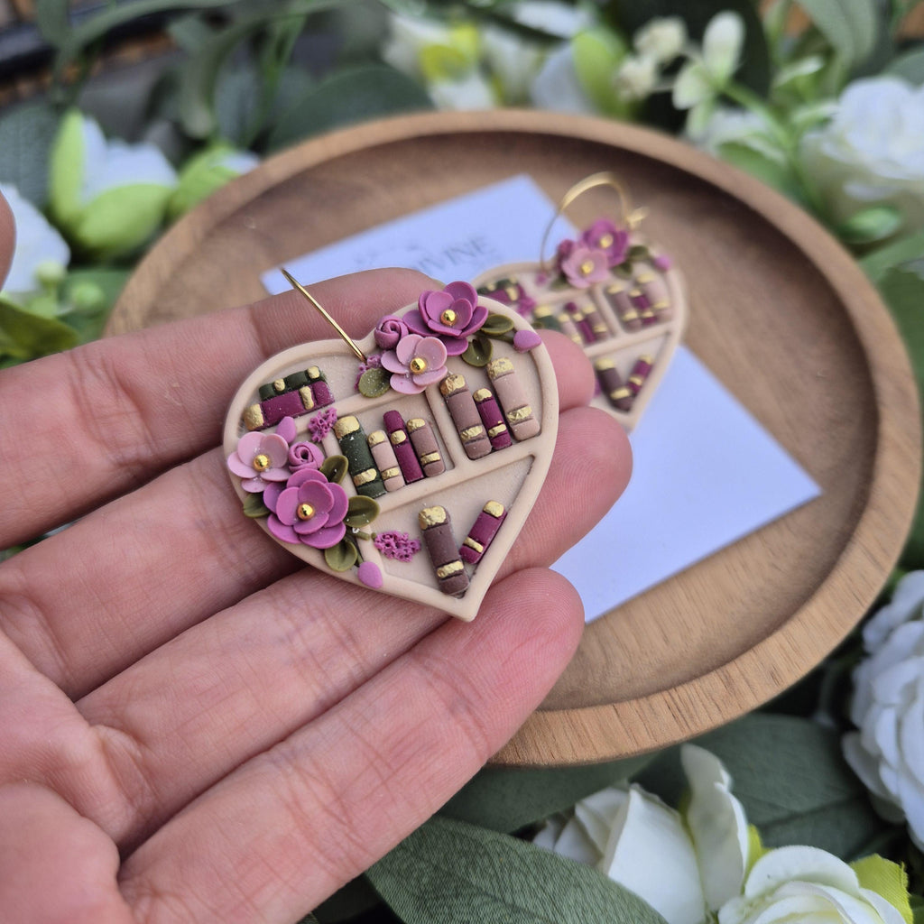 Clay Book Earrings: Floral Bookshelf Dangle Earrings