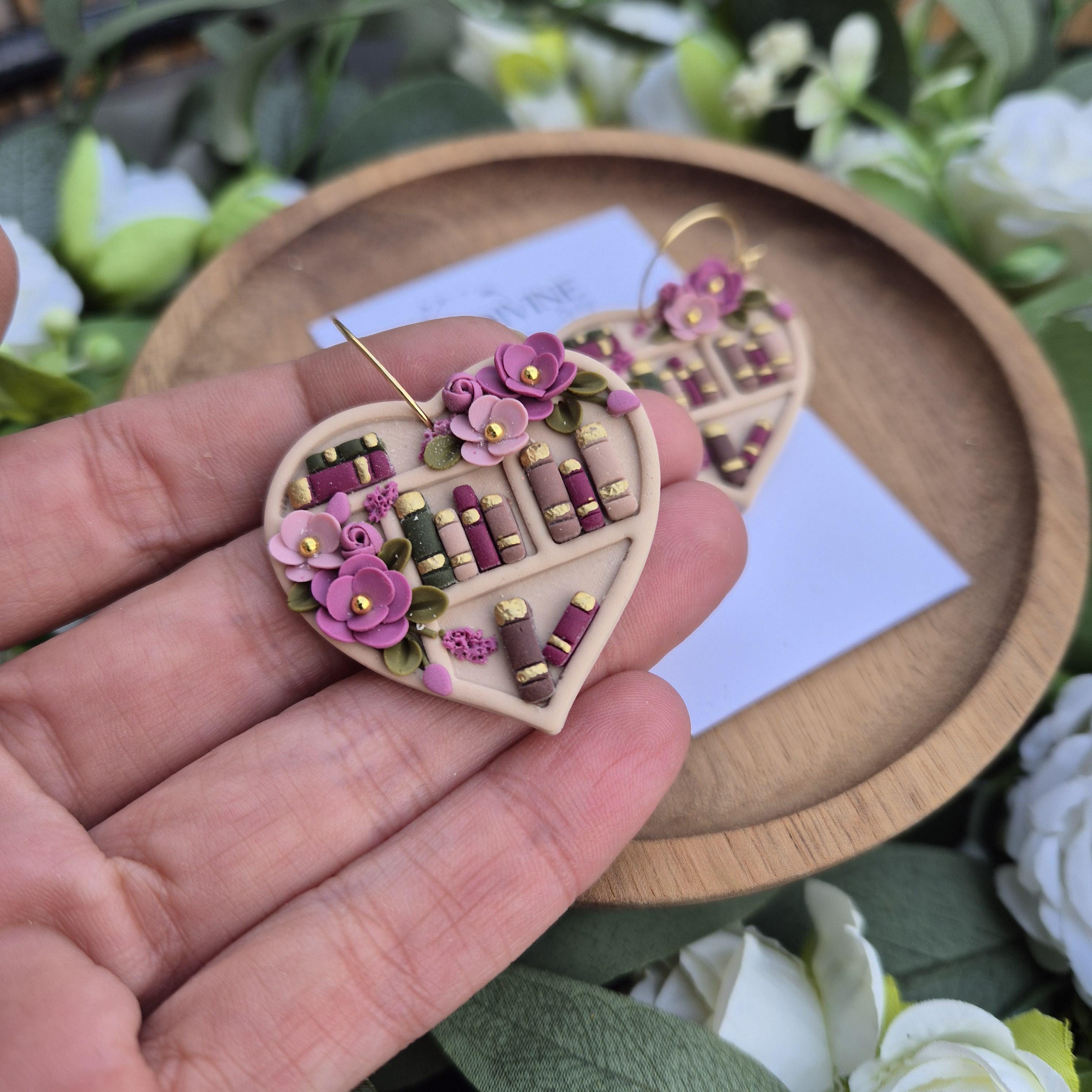 Clay Book Earrings: Floral Bookshelf Dangle Earrings