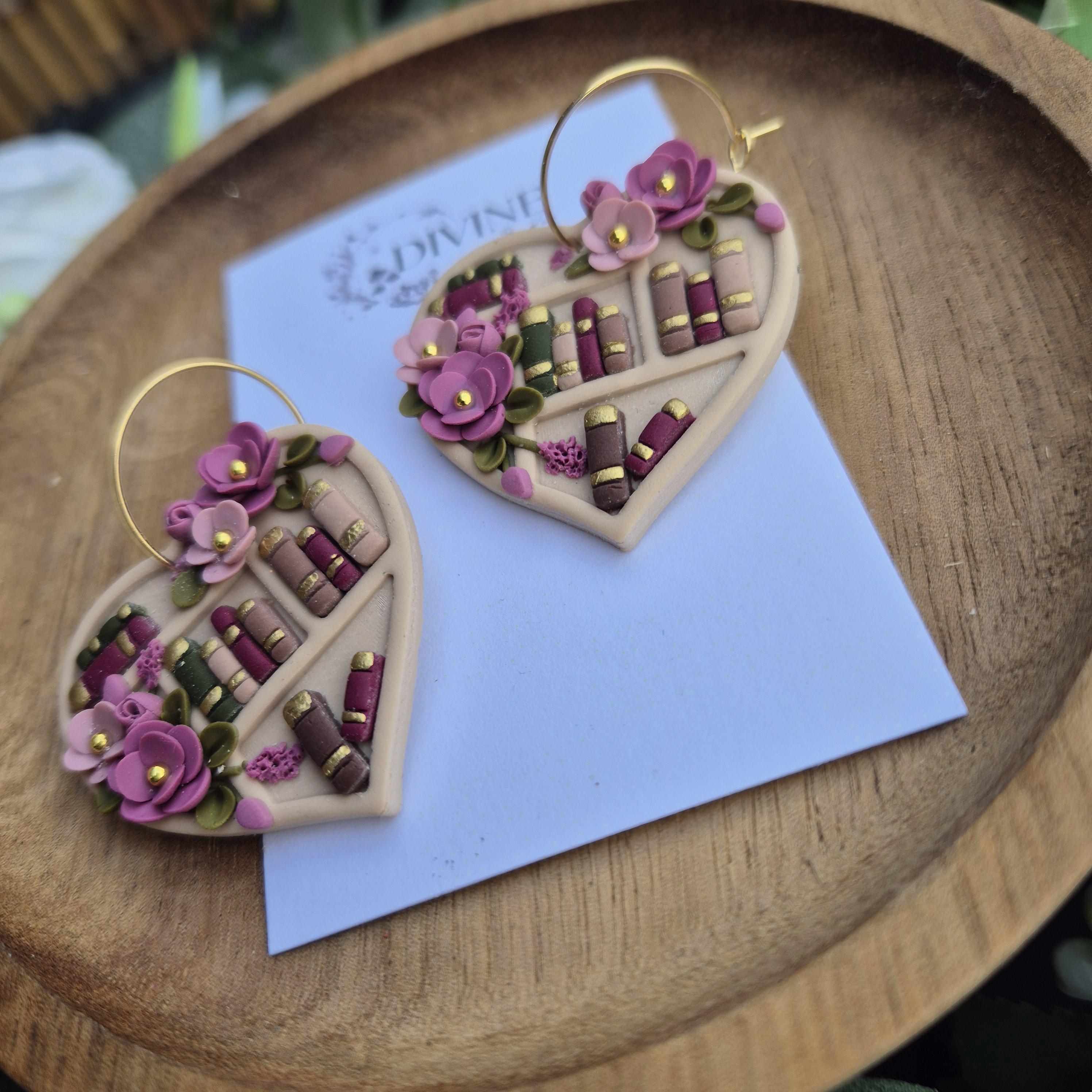 Clay Book Earrings: Floral Bookshelf Dangle Earrings