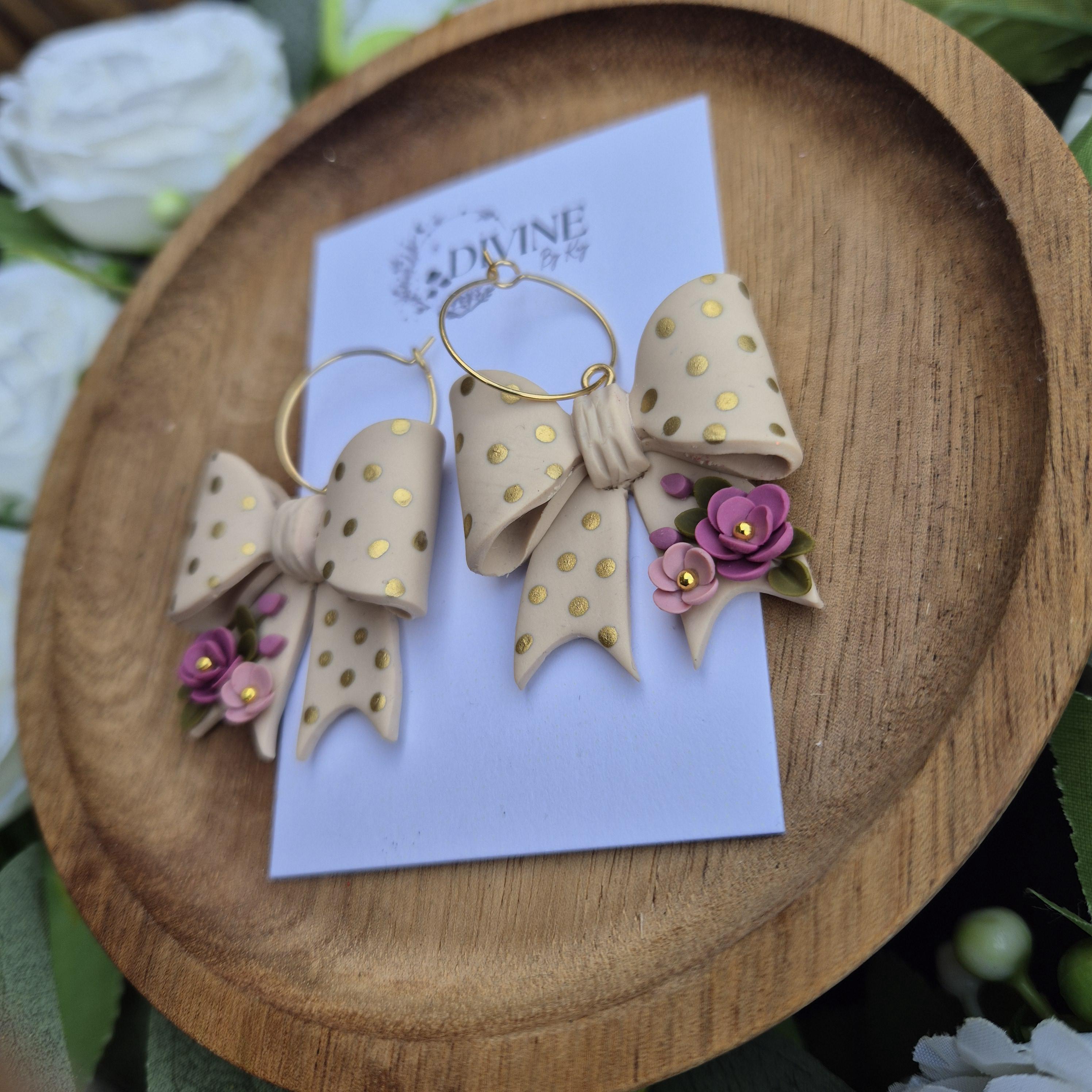 Clay Bow Dangle Earrings: Gold Polka Dot Flower Earrings
