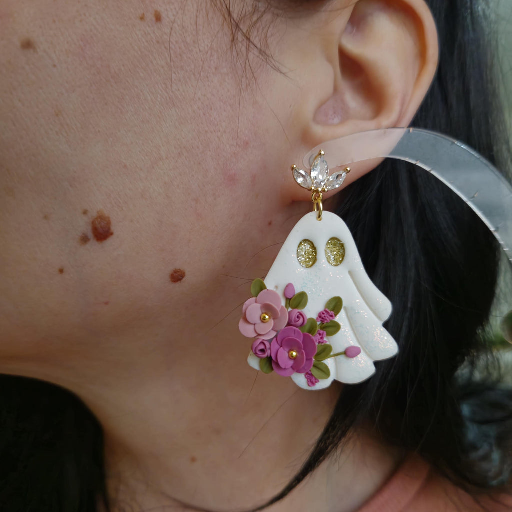 Handmade Shimmery Ghost Earrings: Floral Clay Halloween Jewelry