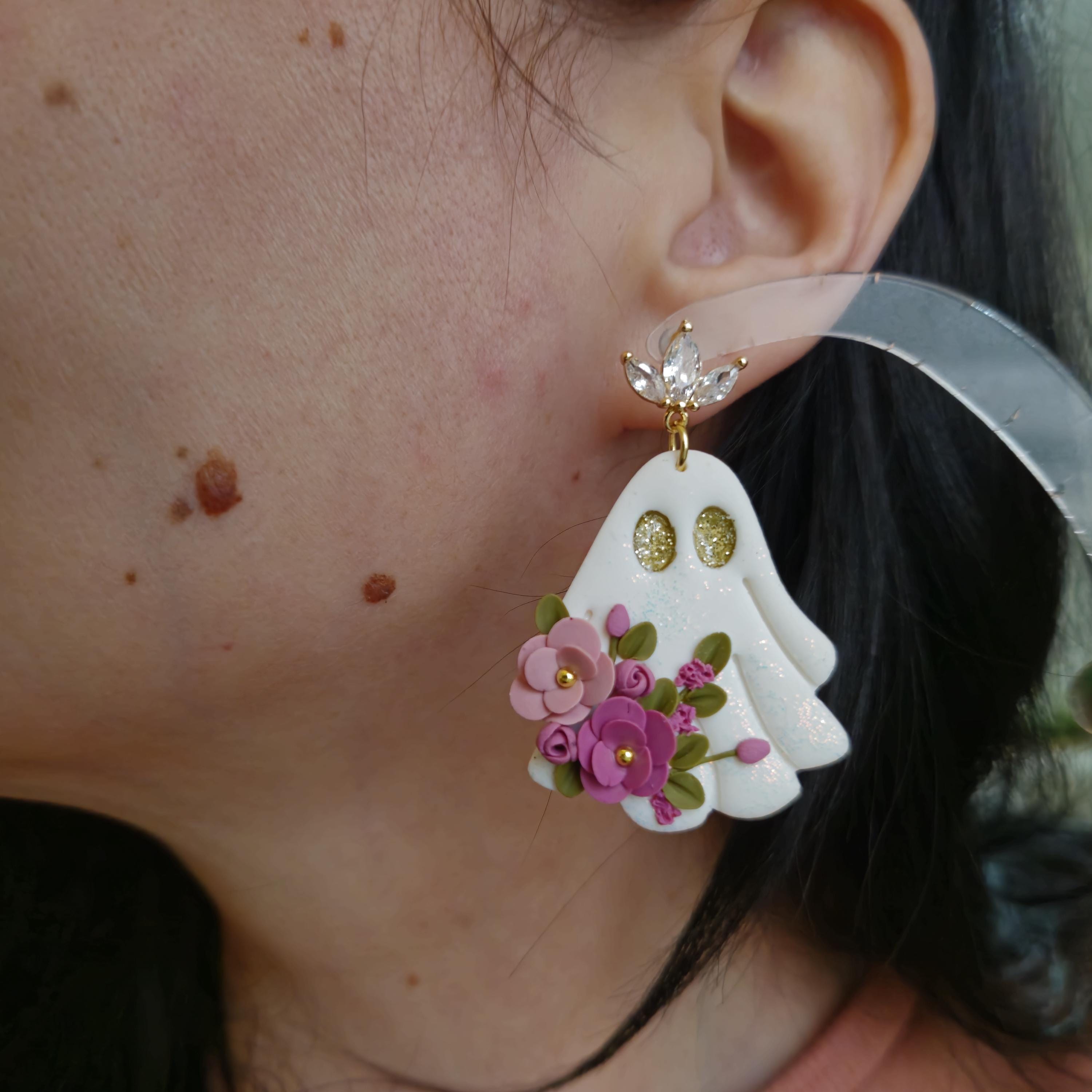 Handmade Shimmery Ghost Earrings: Floral Clay Halloween Jewelry