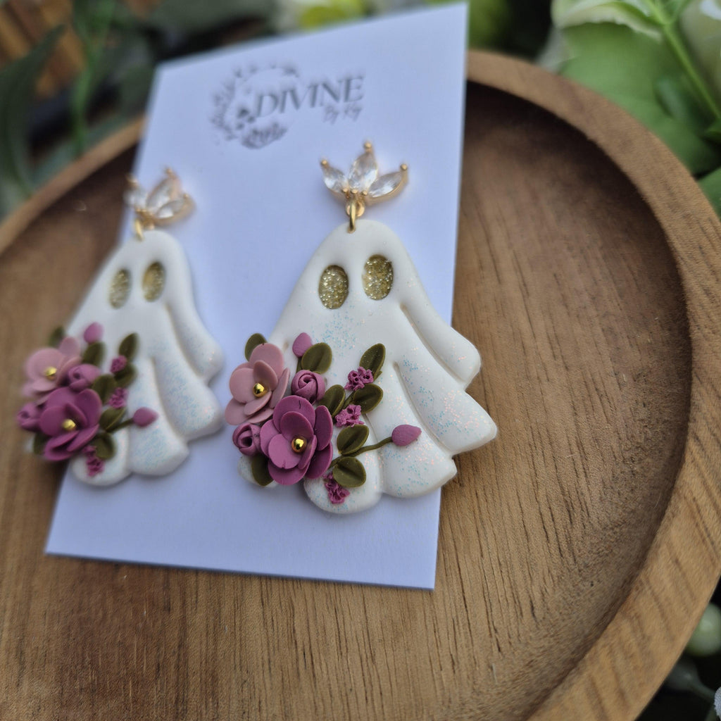 Handmade Shimmery Ghost Earrings: Floral Clay Halloween Jewelry