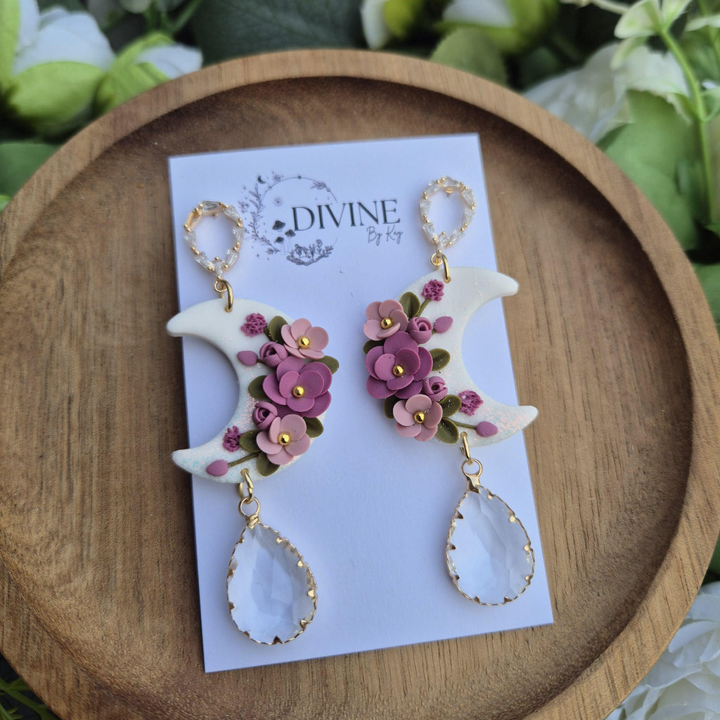 floral moon earrings, celestial jewellery, gifts for her