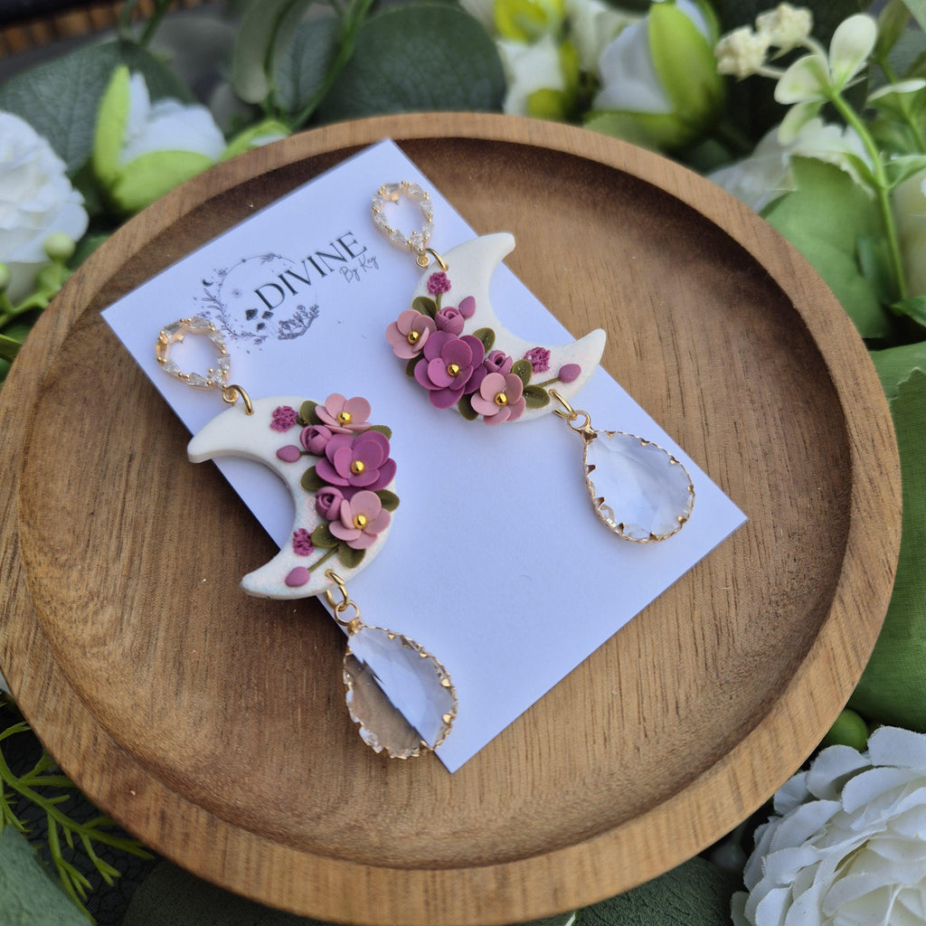 floral moon earrings, celestial jewellery, gifts for her