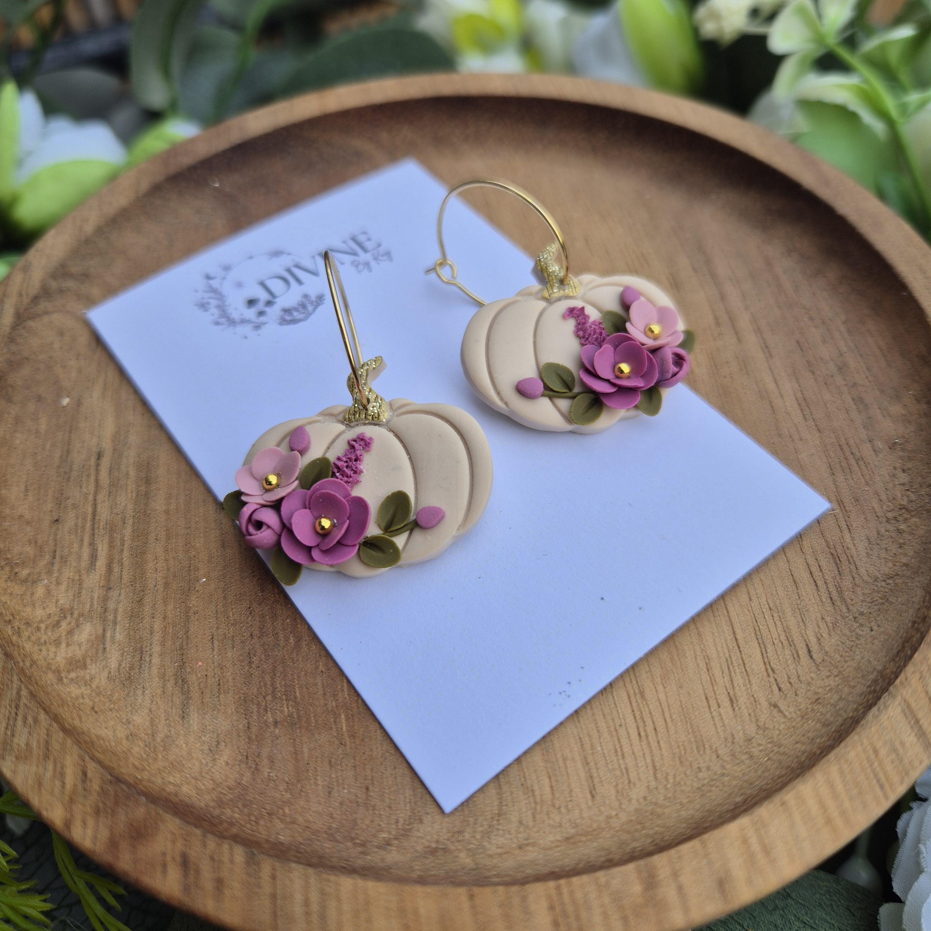 Floral Pumpkin Clay Dangle Earrings: Fall Boho Style