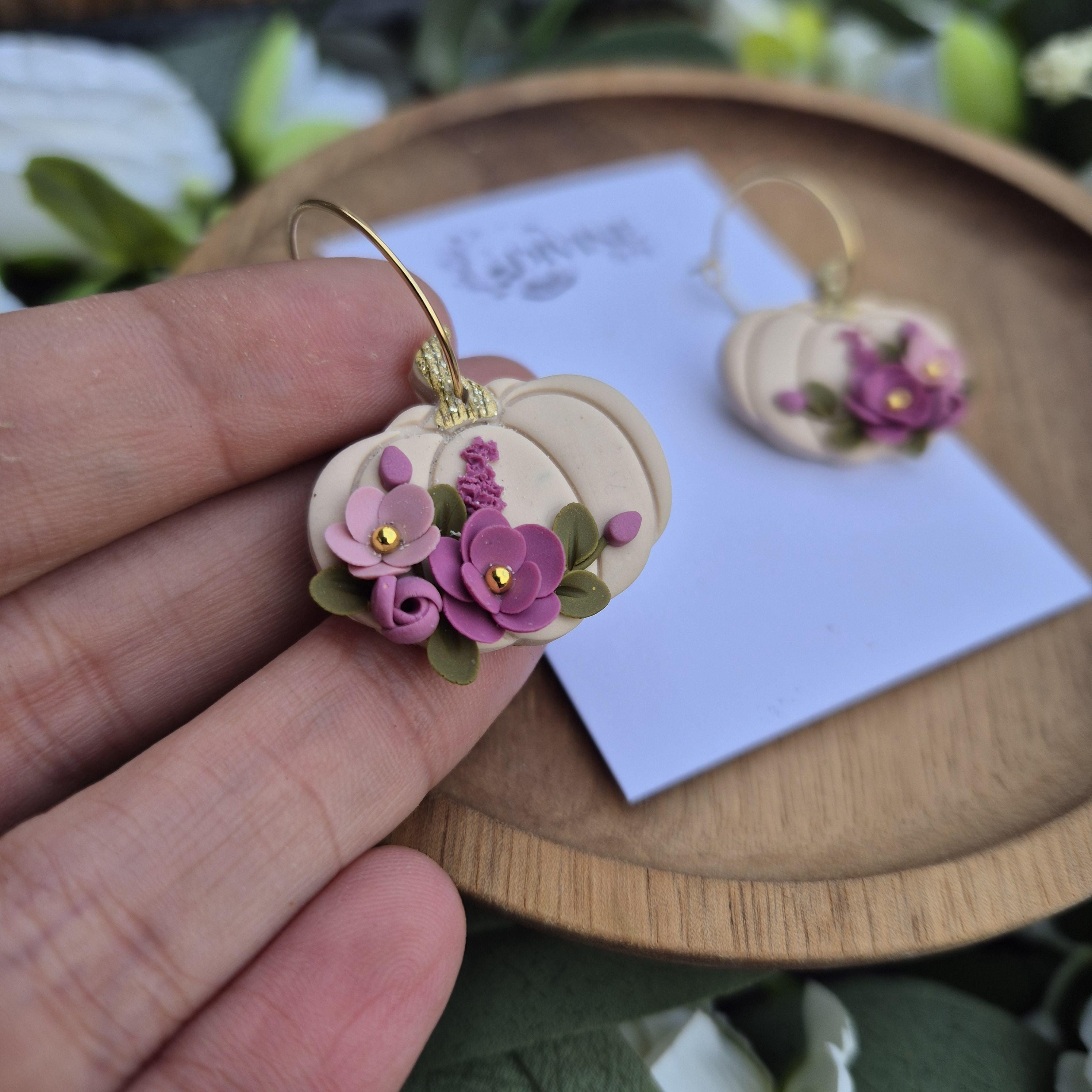 Floral Pumpkin Clay Dangle Earrings: Fall Boho Style