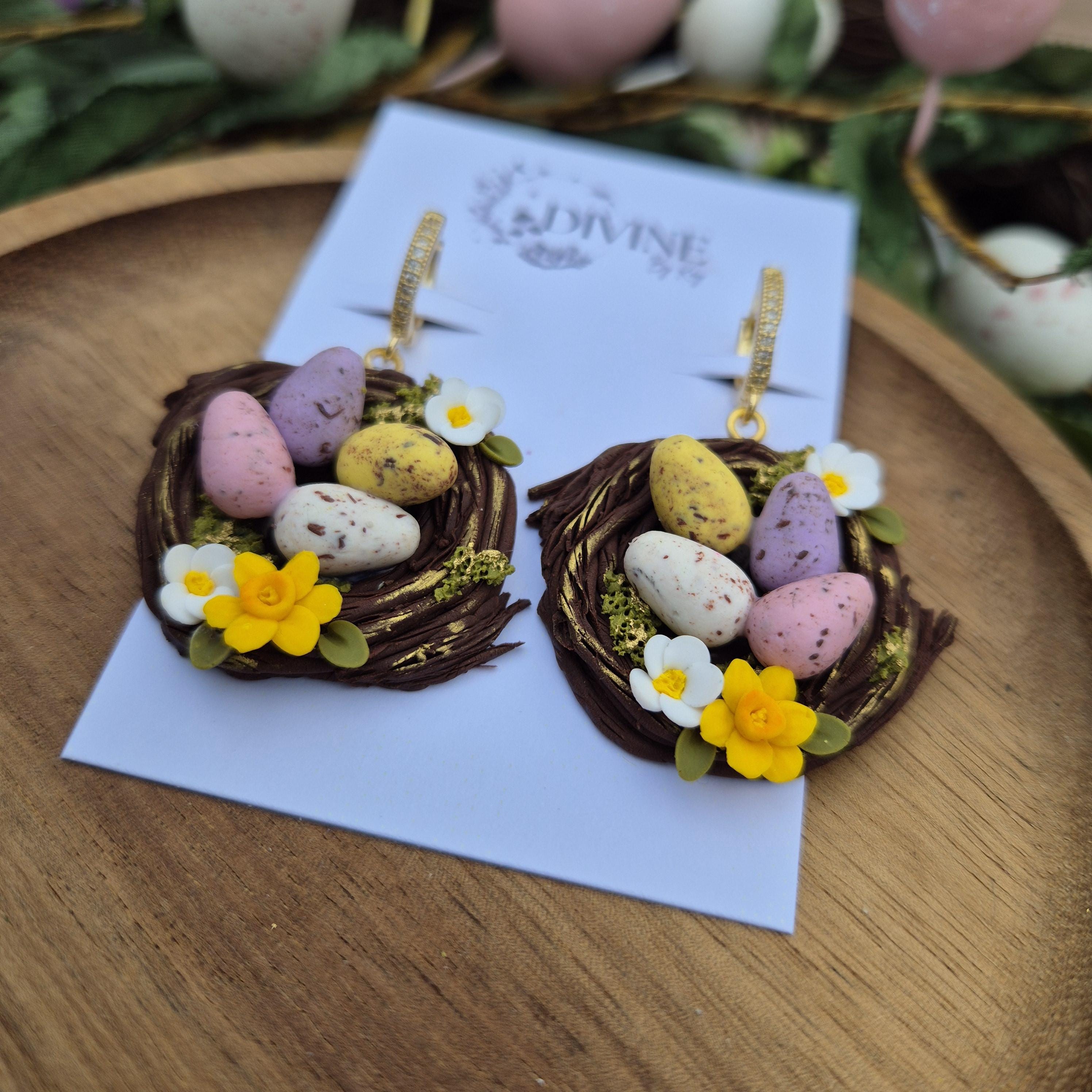 Handmade Clay Easter Egg Nest Earrings: Spring Daffodils & Daisies