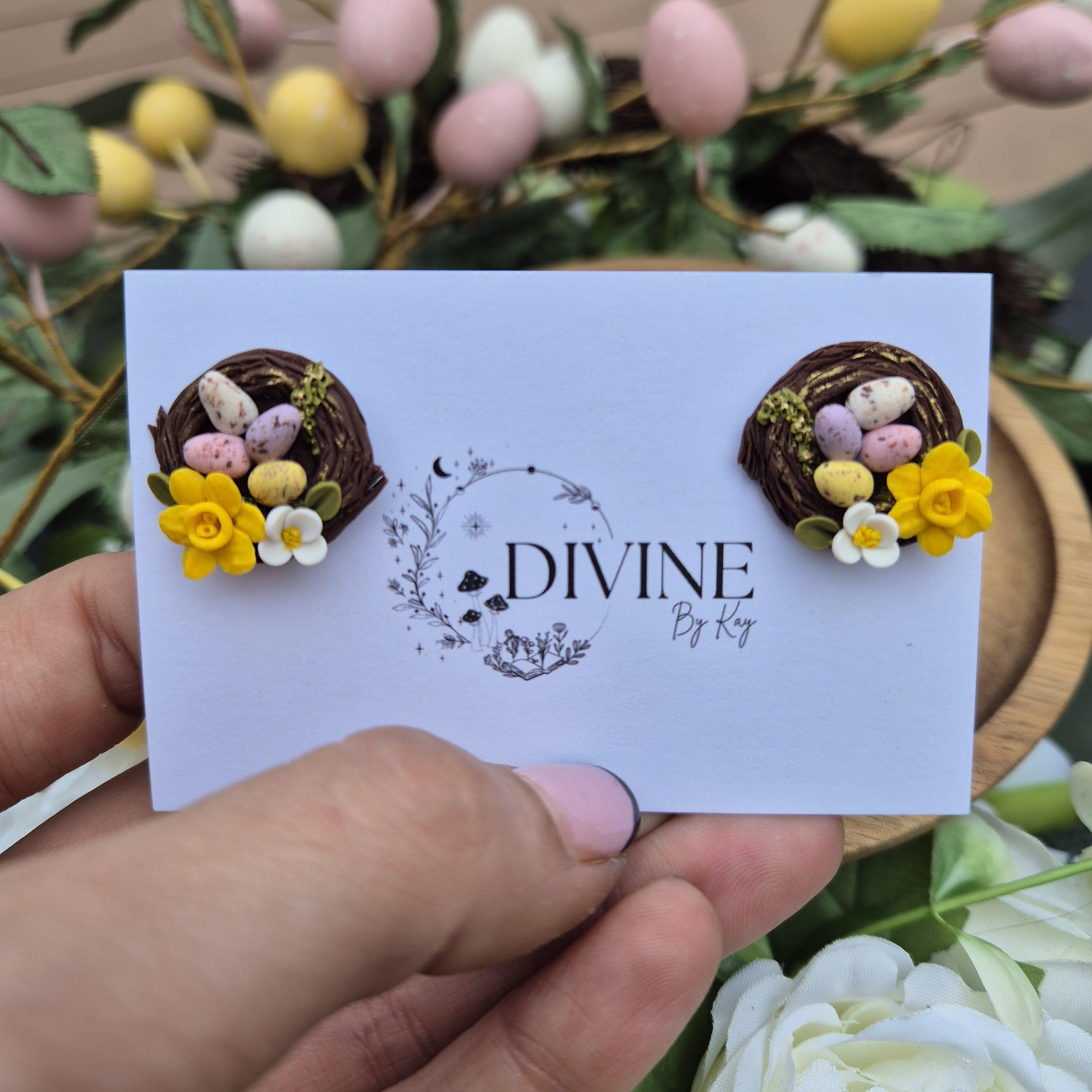 Handmade Clay Easter Egg Nest Earrings: Spring Daffodil Jewelry