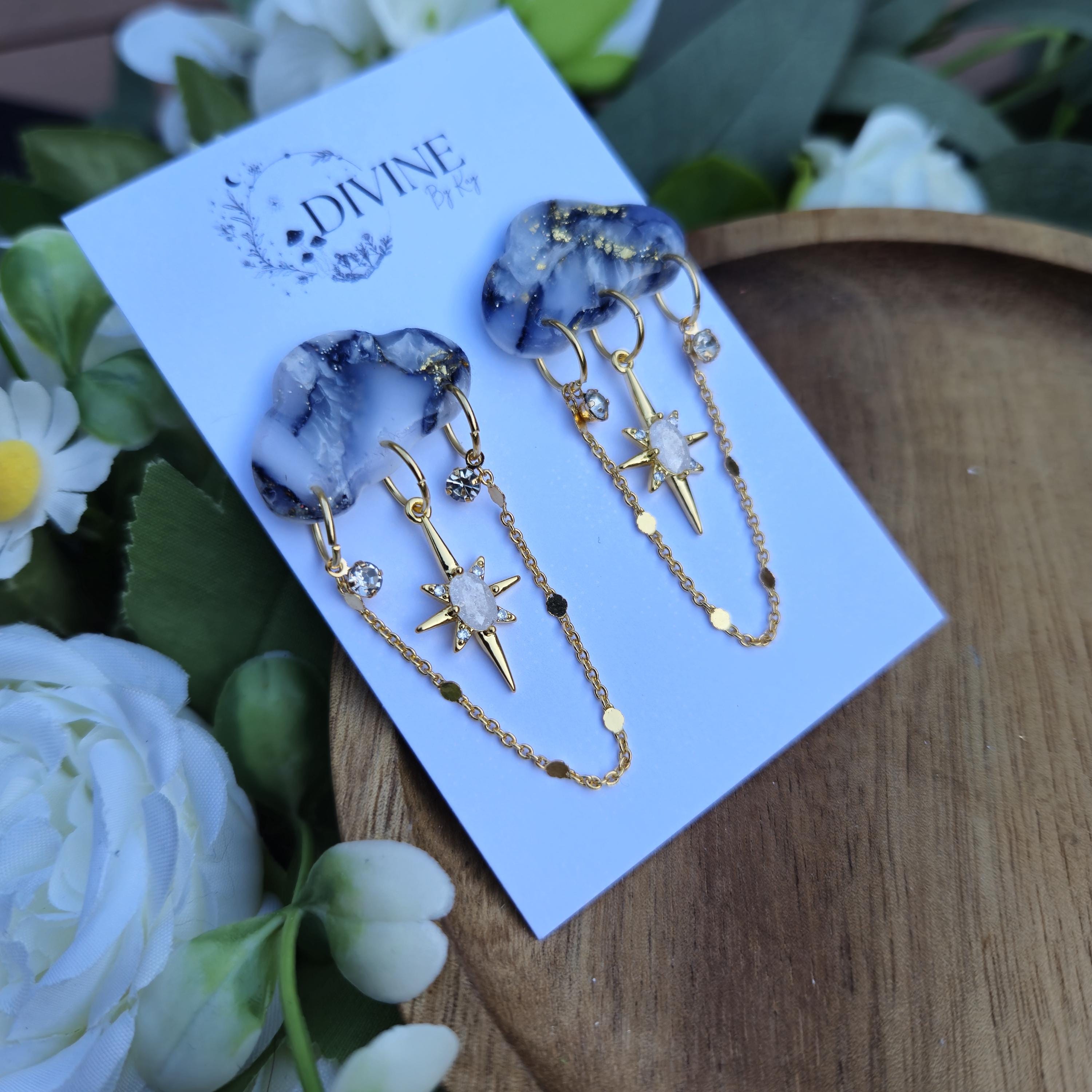 Stormy Cloud Dangle Earrings: Gold Star CZ Chain, Celestial Jewelry