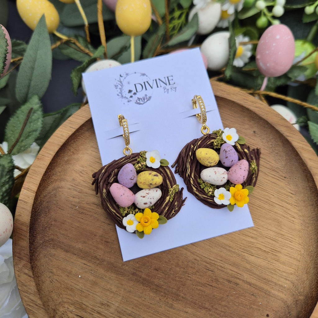 Handmade Clay Easter Egg Nest Earrings: Spring Daffodils & Daisies