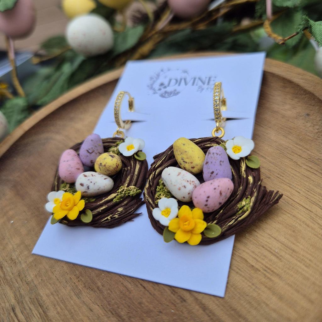 Handmade Clay Easter Egg Nest Earrings: Spring Daffodils & Daisies