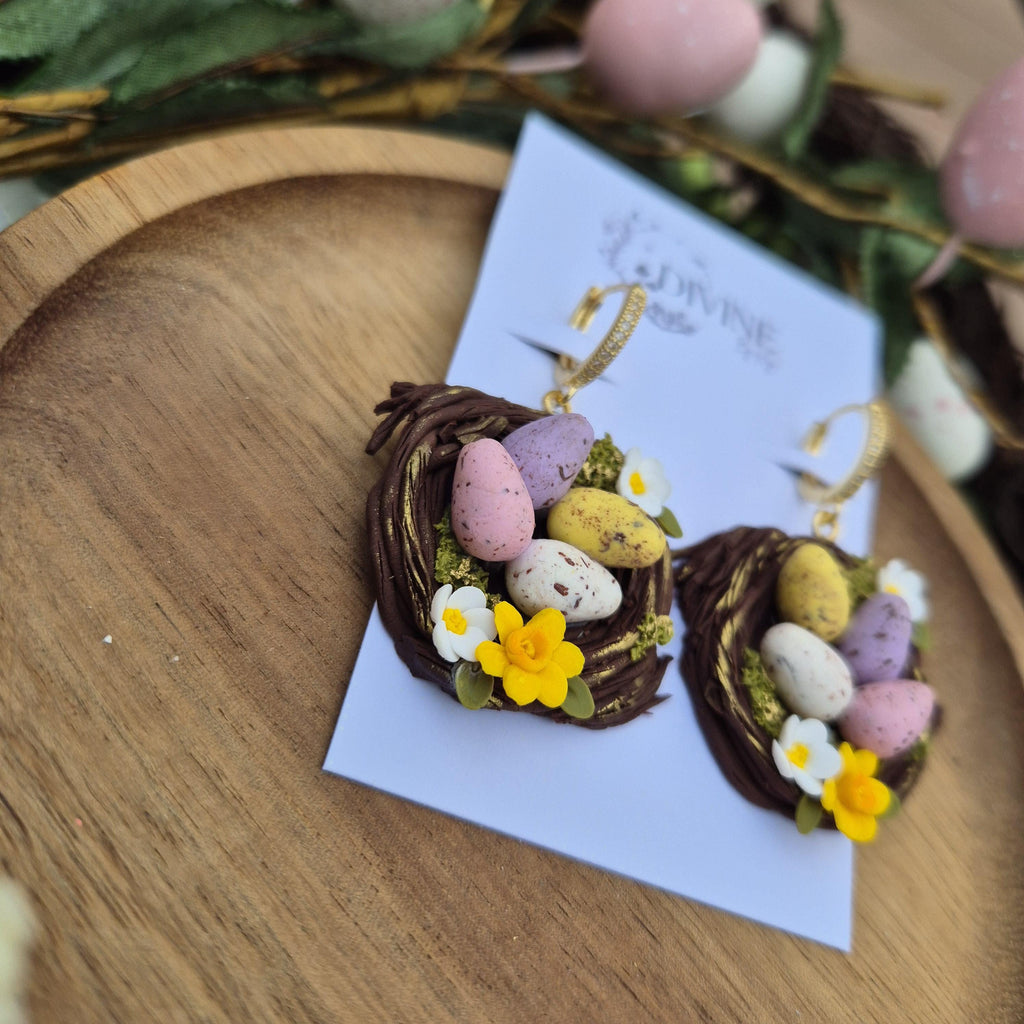 Handmade Clay Easter Egg Nest Earrings: Spring Daffodils & Daisies