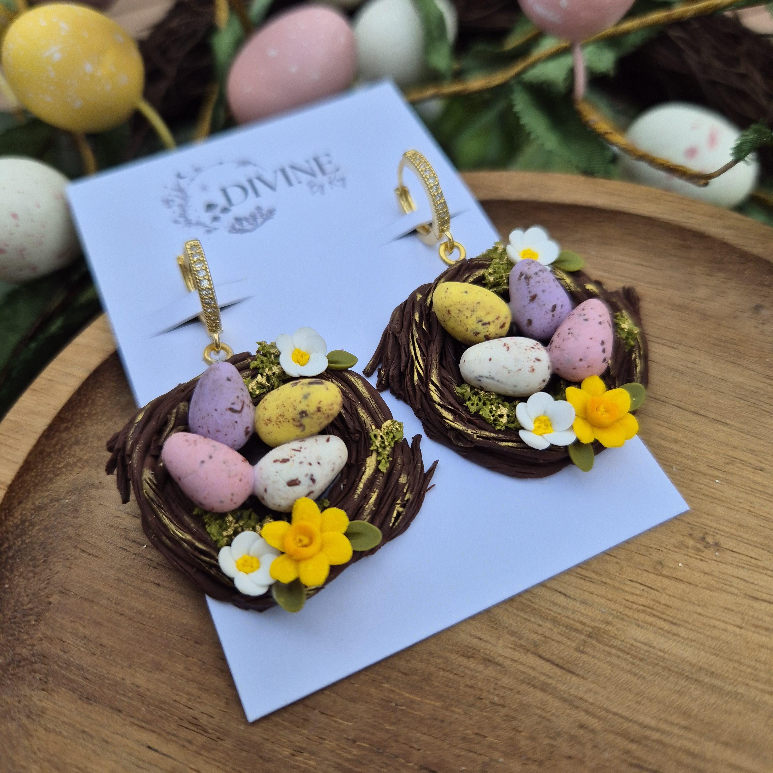 Handmade Clay Easter Egg Nest Earrings: Spring Daffodils & Daisies