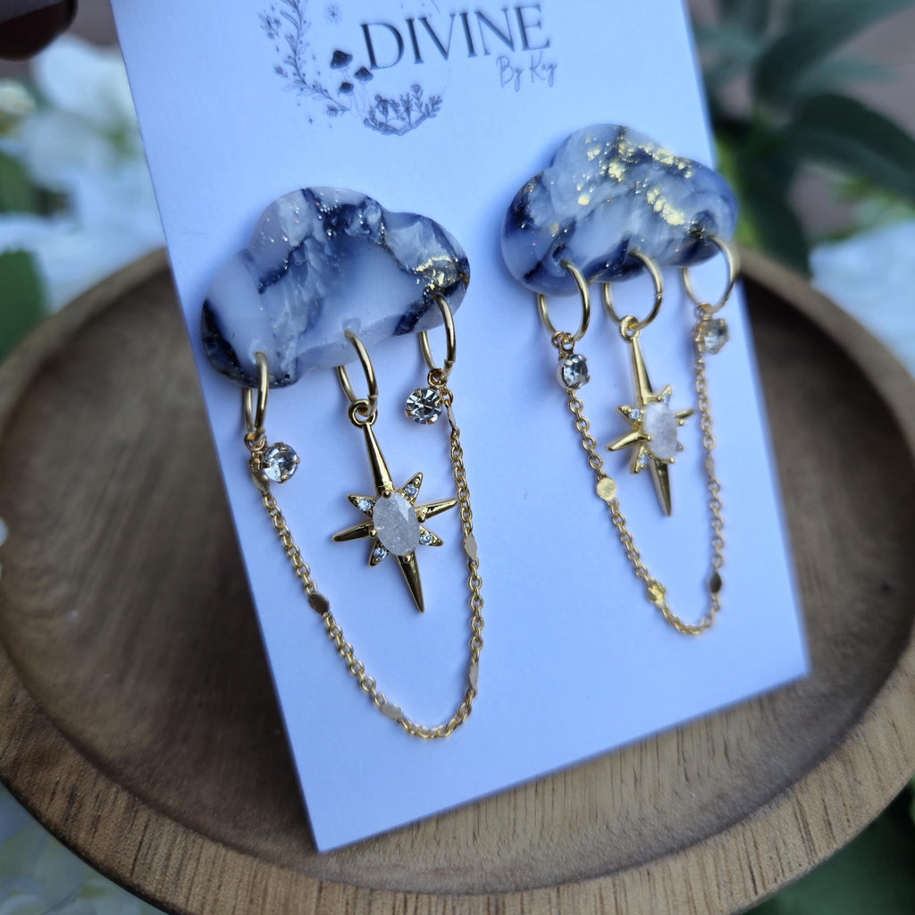 Stormy Cloud Dangle Earrings: Gold Star CZ Chain, Celestial Jewelry