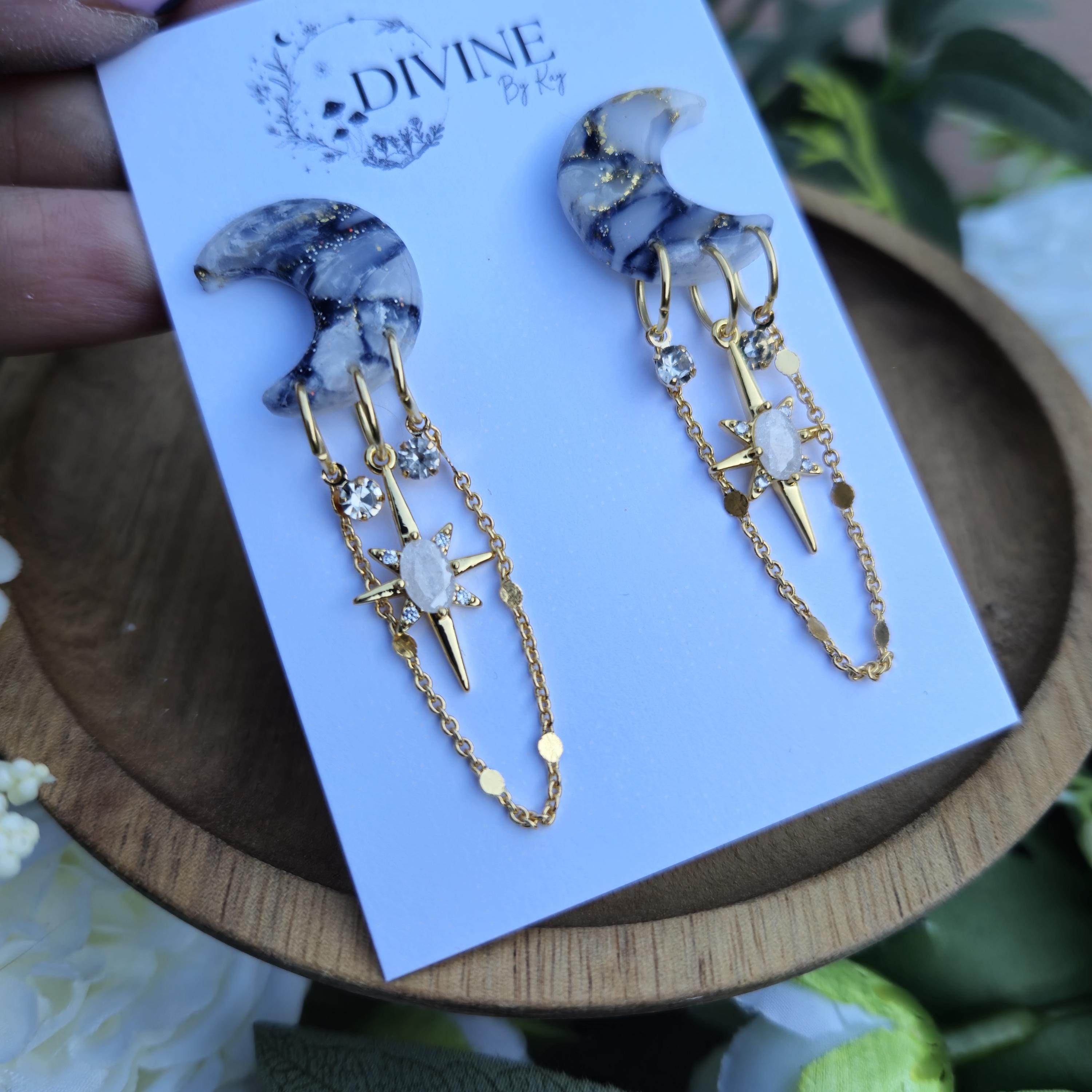 Stormy Cloud Dangle Earrings: Gold Star CZ Chain, Celestial Jewelry