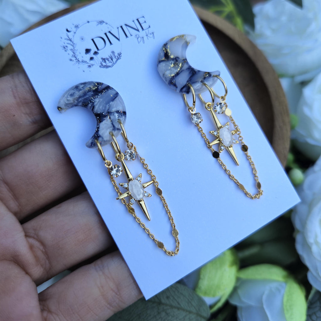 Stormy Cloud Dangle Earrings: Gold Star CZ Chain, Celestial Jewelry