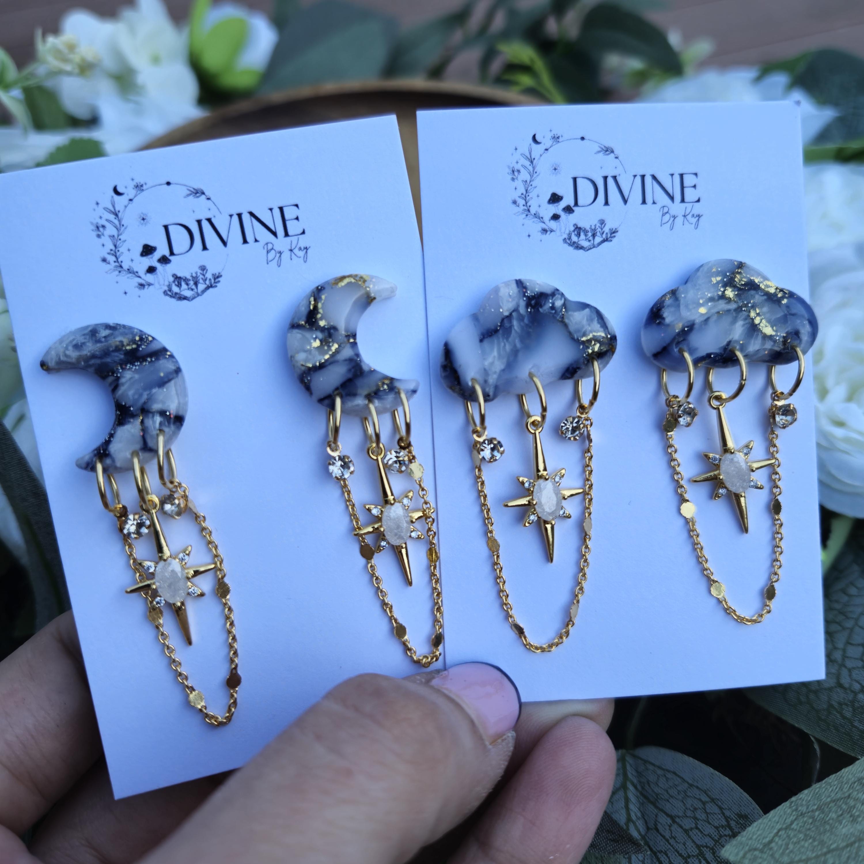 Stormy Cloud Dangle Earrings: Gold Star CZ Chain, Celestial Jewelry