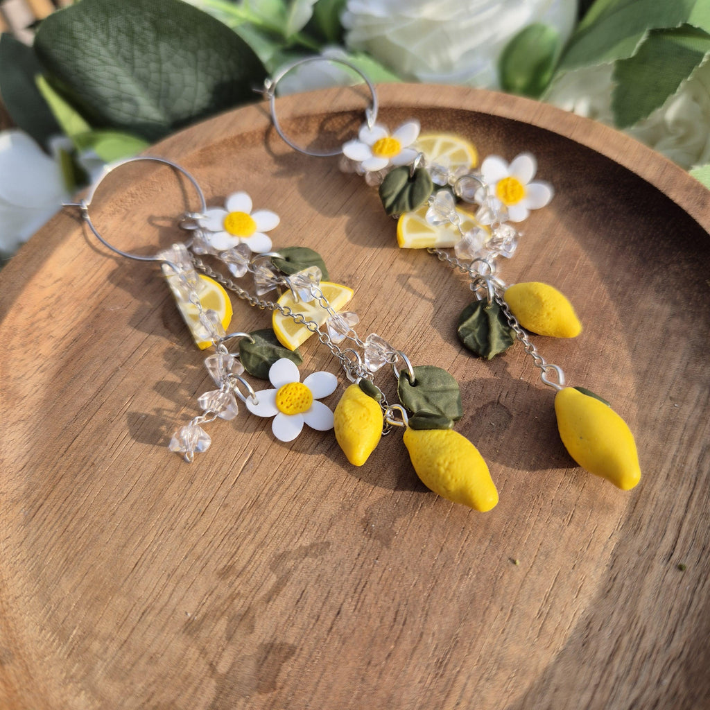 Lemon Charm Earrings, Crystal Dangle Hoops, Handmade Polymer Clay Citrus Jewellery