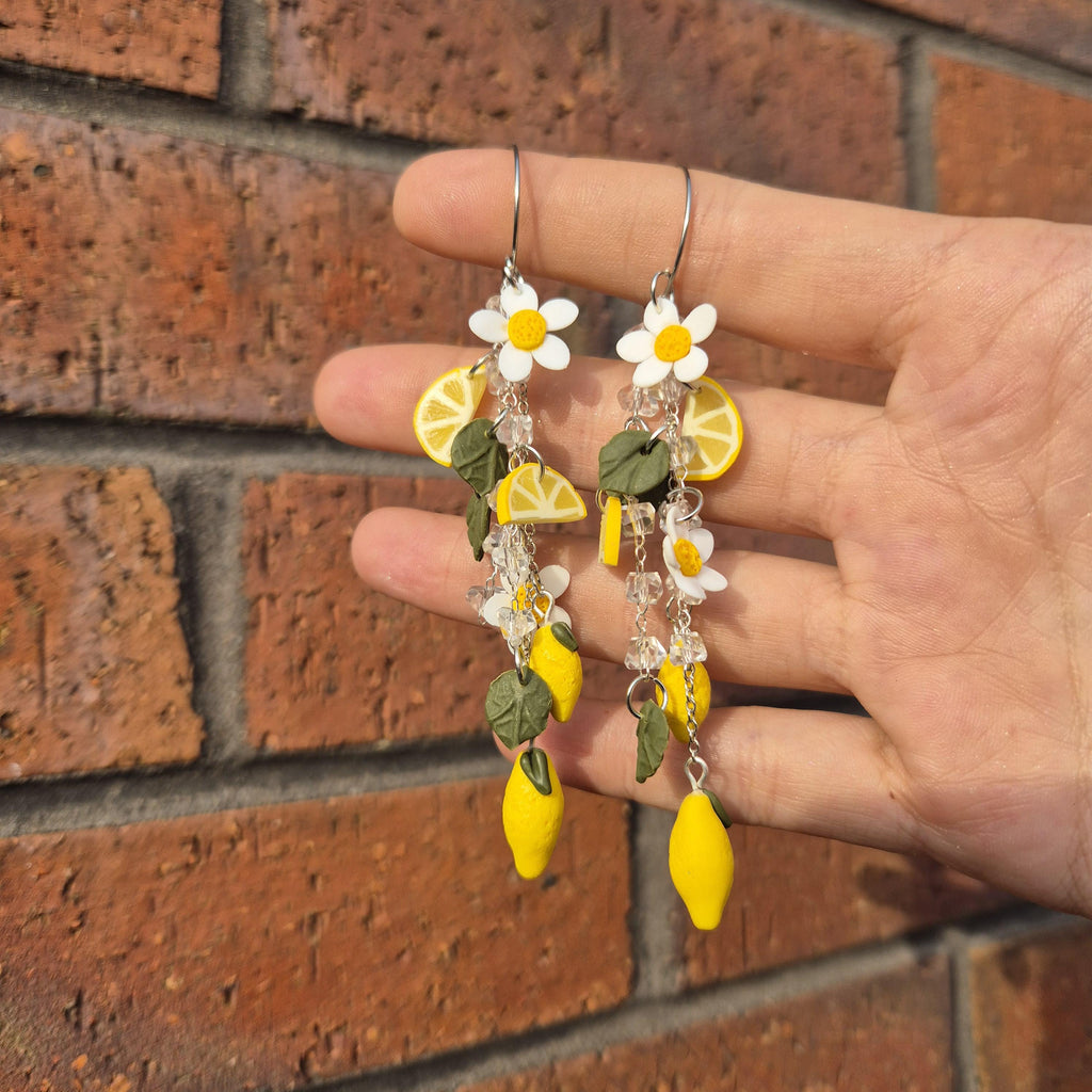 Lemon Charm Earrings, Crystal Dangle Hoops, Handmade Polymer Clay Citrus Jewellery