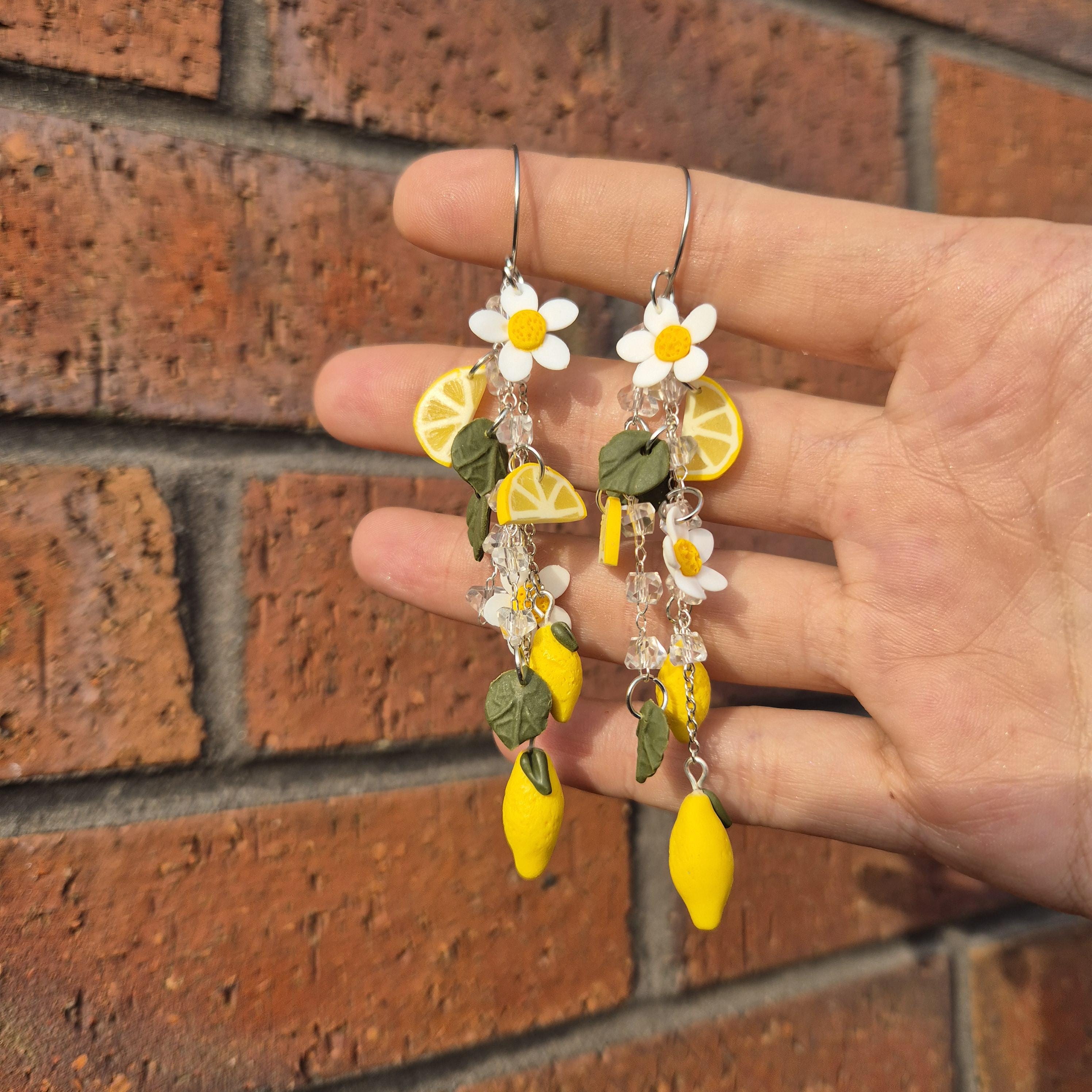 Lemon Charm Earrings, Crystal Dangle Hoops, Handmade Polymer Clay Citrus Jewellery