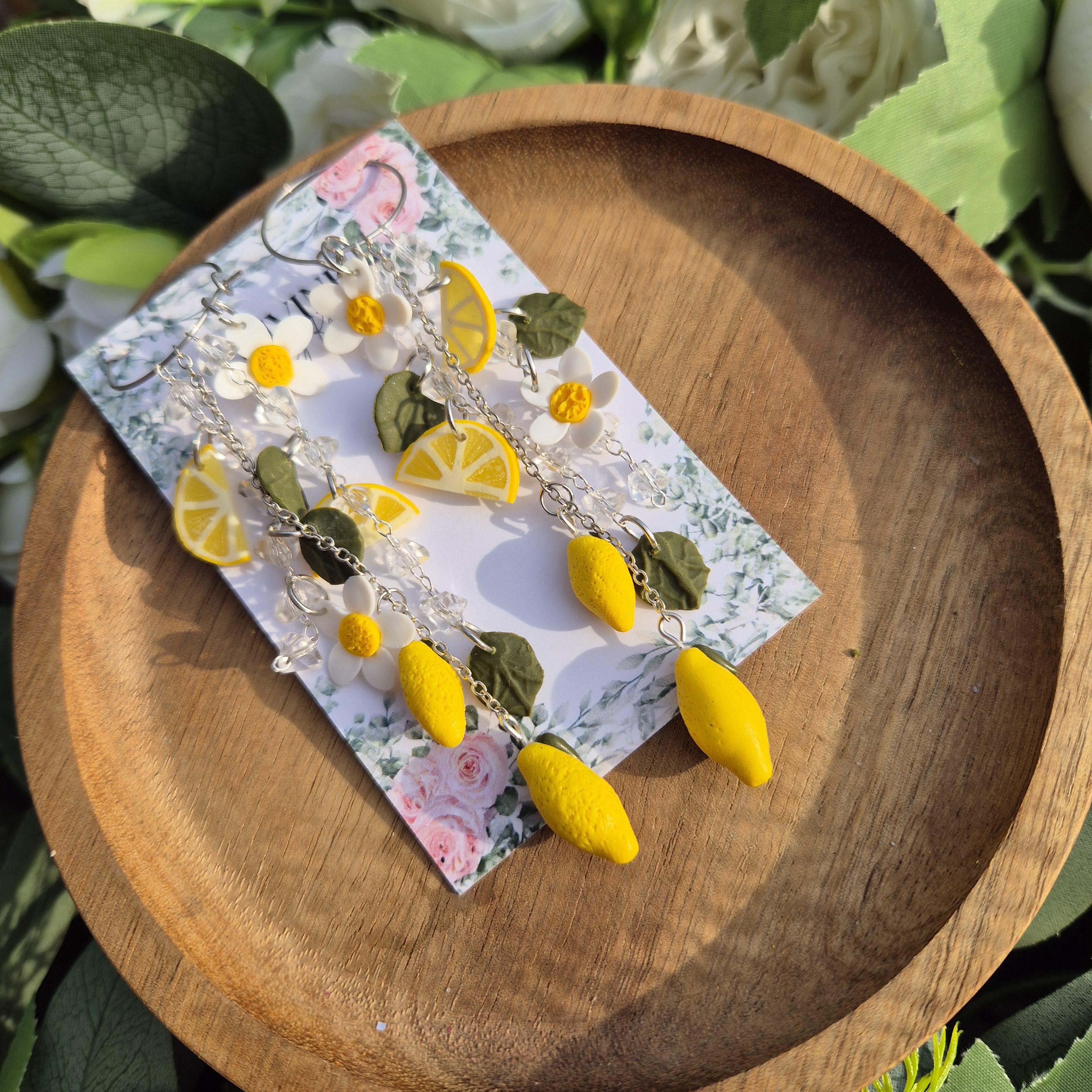 Lemon Charm Earrings, Crystal Dangle Hoops, Handmade Polymer Clay Citrus Jewellery