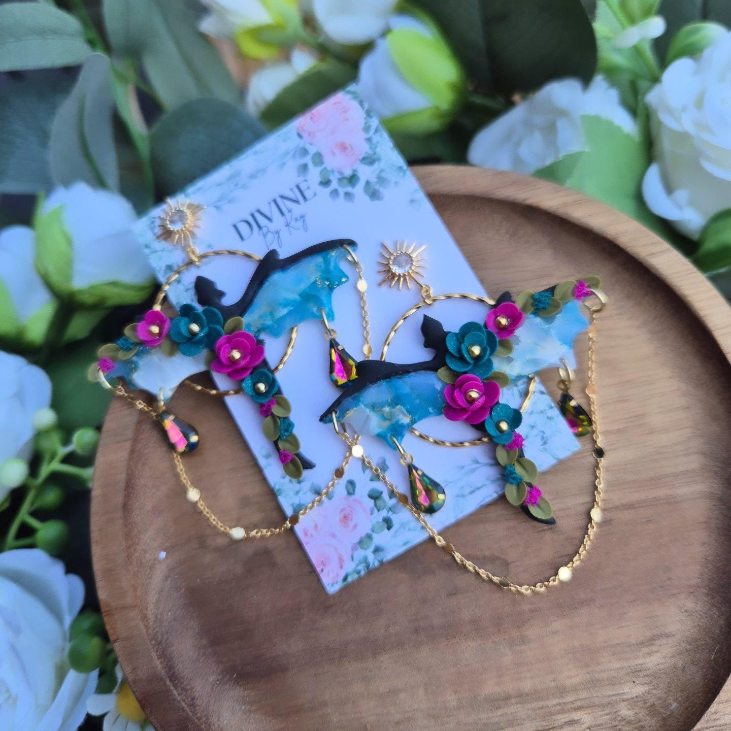 Elegant Clay Dragon Earrings: Gothic Floral Jewelry