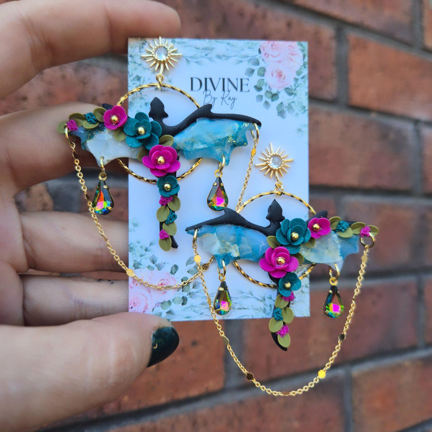 Elegant Clay Dragon Earrings: Gothic Floral Jewelry