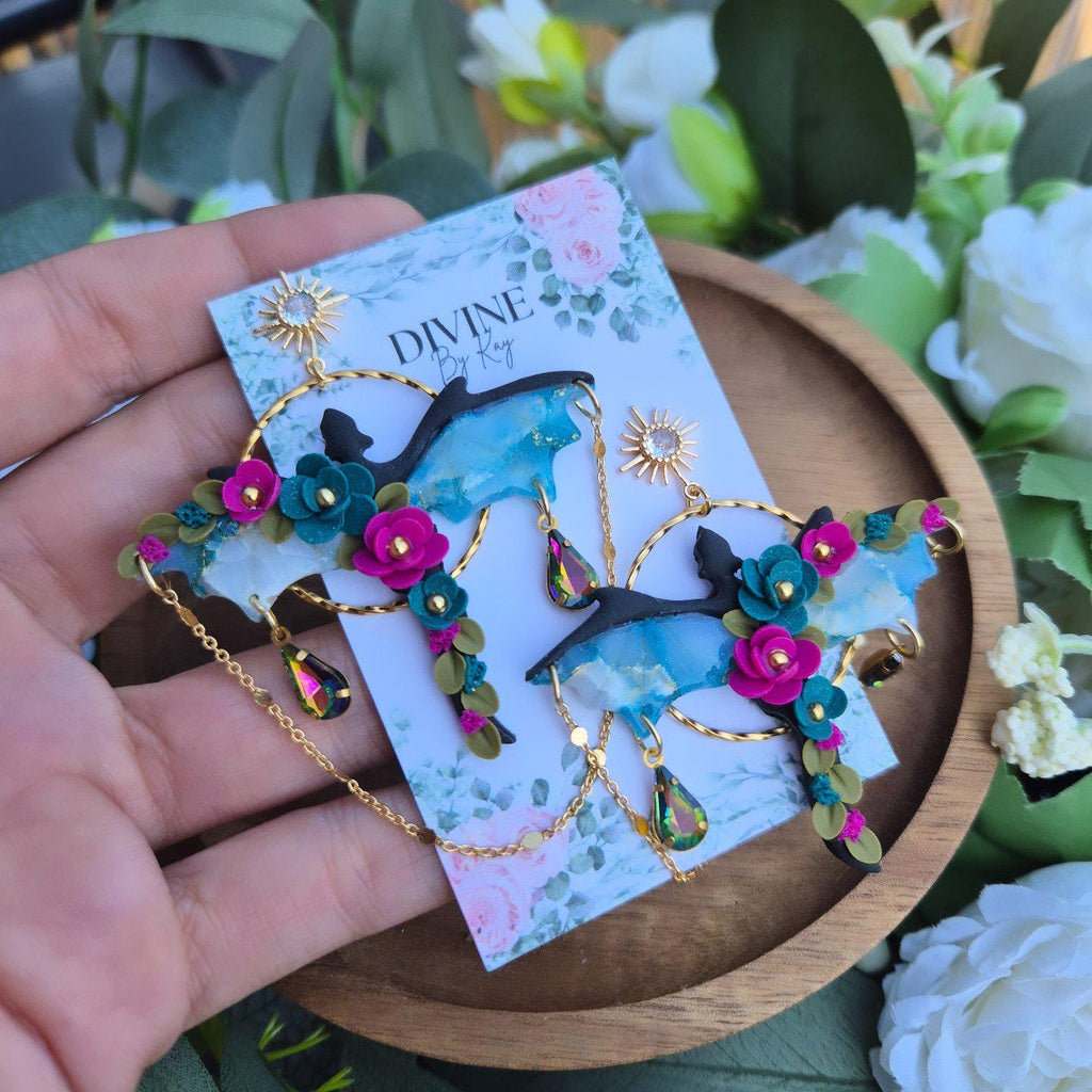 Elegant Clay Dragon Earrings: Gothic Floral Jewelry