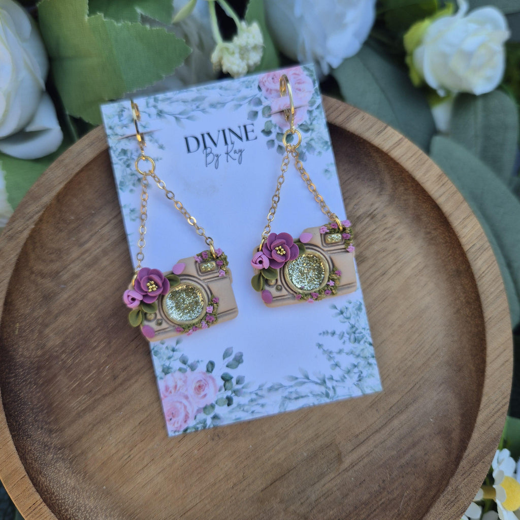 Handmade Clay Camera Dangle Earrings: Floral Sparkle, Surgical Steel