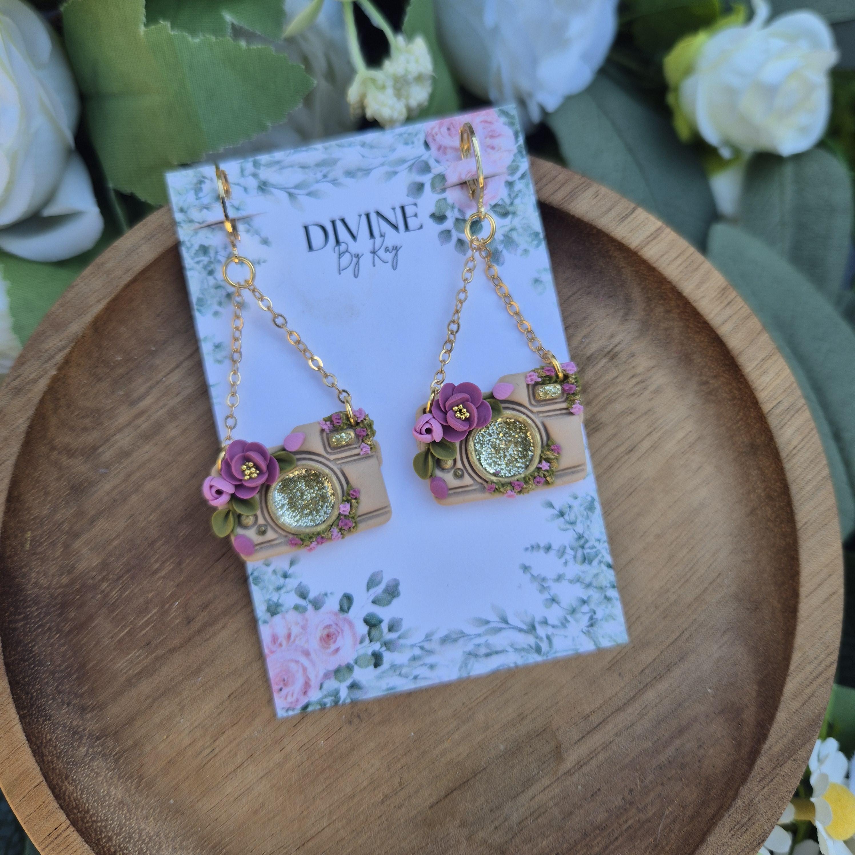 Handmade Clay Camera Dangle Earrings: Floral Sparkle, Surgical Steel